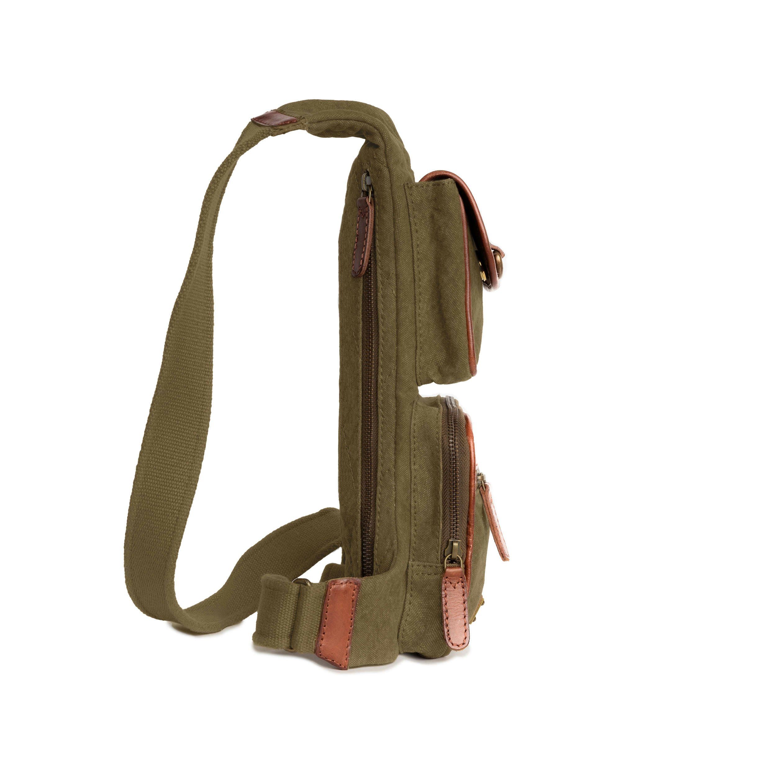 DRAKENSBERG Tagesrucksack Schulterrucksack »Mateo« Canvas Schultertasche vielen Oliv-Grün, mit Safari-Look Fächern aus Leder im und