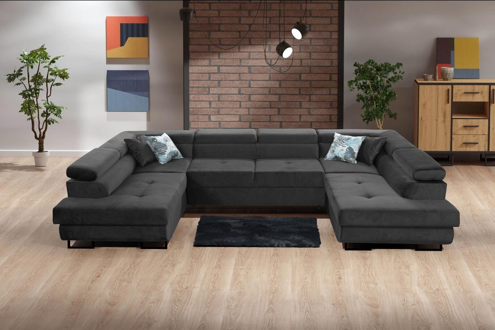 JVmoebel Ecksofa Ecksofa Stoff U-Form Couch Design Polster Textil Eck Modern Sofa, Made in Europe Schwarz