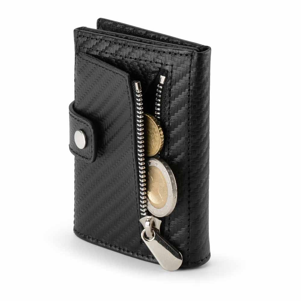 Leonardo Leone Mini Geldbörse Premium Mini Geldbörse: Nappa Leder, Carbon (Geschenkverpackung), Leder, RFID, kompakt, 12 Kartenfächer, Münzfach, handgefertigt.