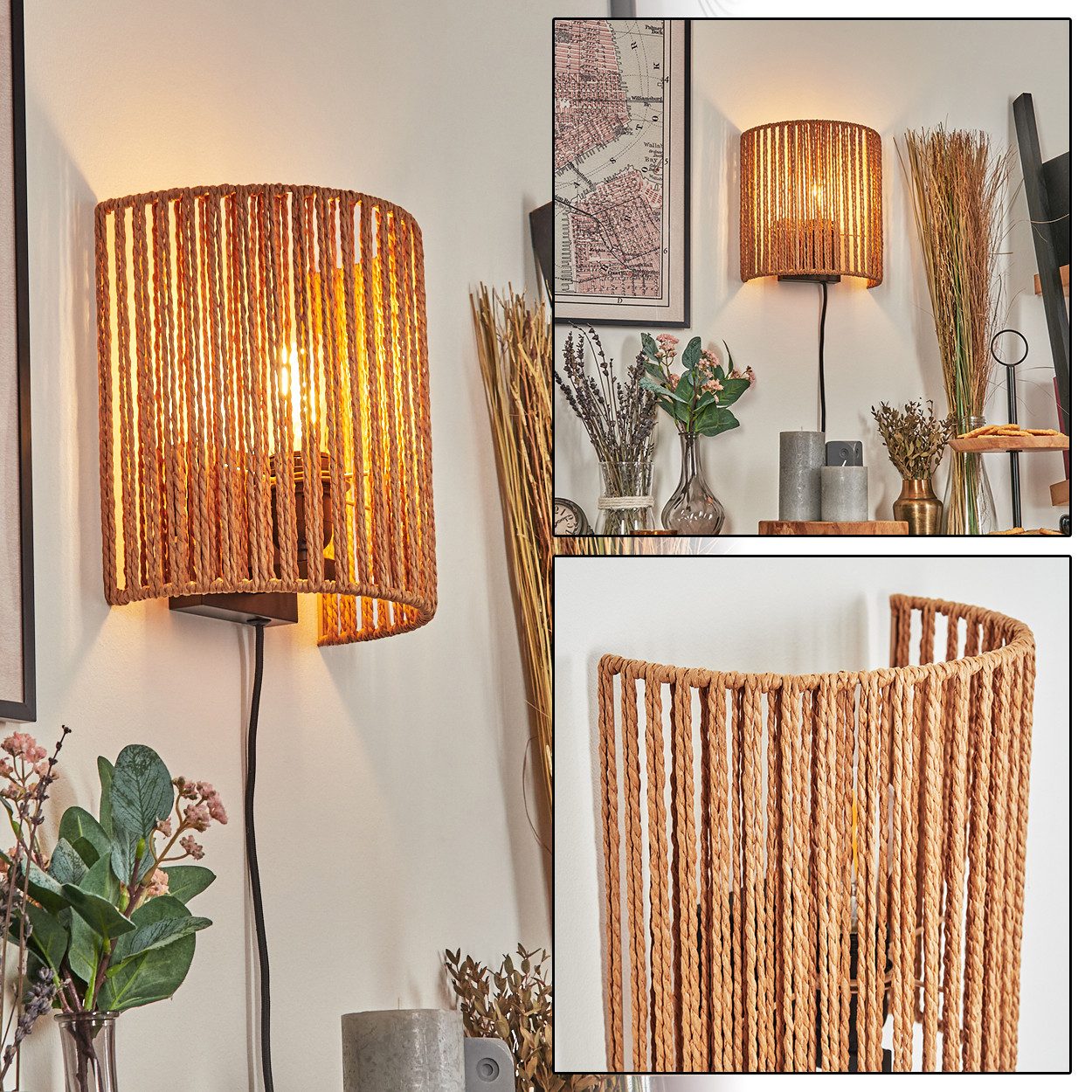 hofstein Wandleuchte Wandlampe aus Metall/Seil/Bast in Schwarz/Natur, Boho- günstig online kaufen