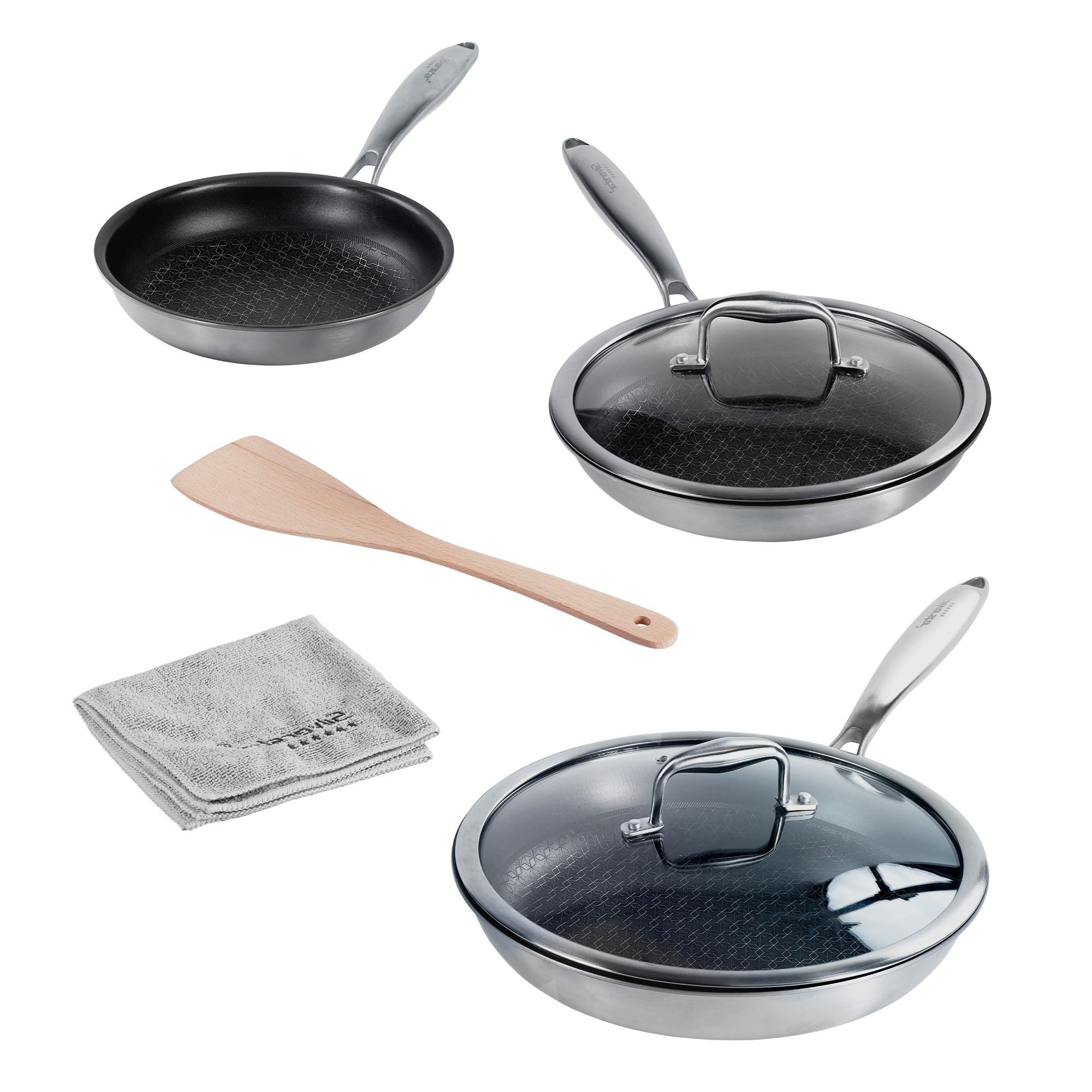 STONELINE Pfannen-Set Silverstar® 6-tlg. Edelstahl 20/24/28 cm mit Deckeln, Edelstahl (5-tlg), Edelstahl, für scharfes Anbraten