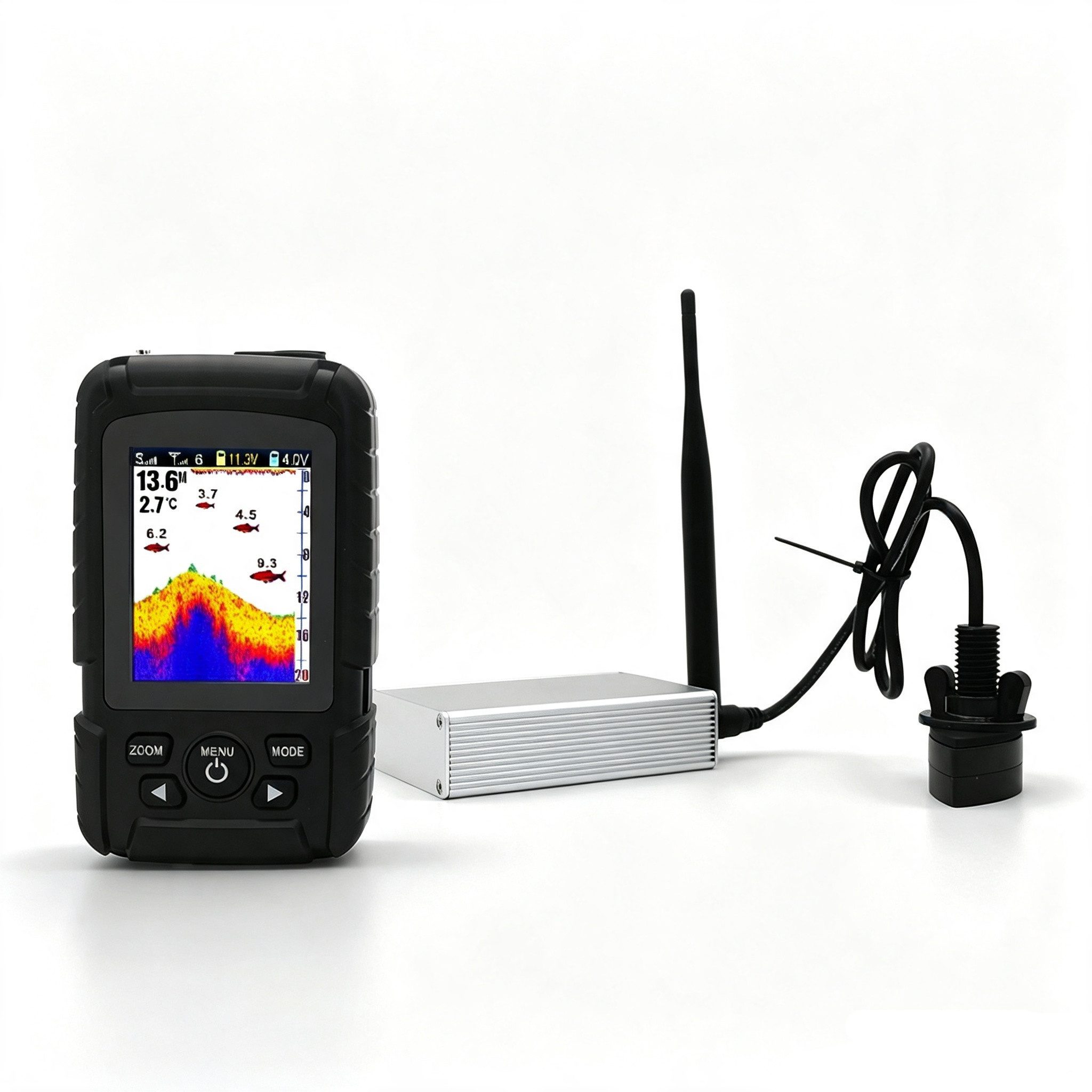 Tekoo Fischfinder Funk-Fischfinder mit 100m Erfassungstiefe & Farbdisplay für Angler, WLAN, Echtzeit-Fischortung, 500m Reichweite, Fischgrößen-Analyse