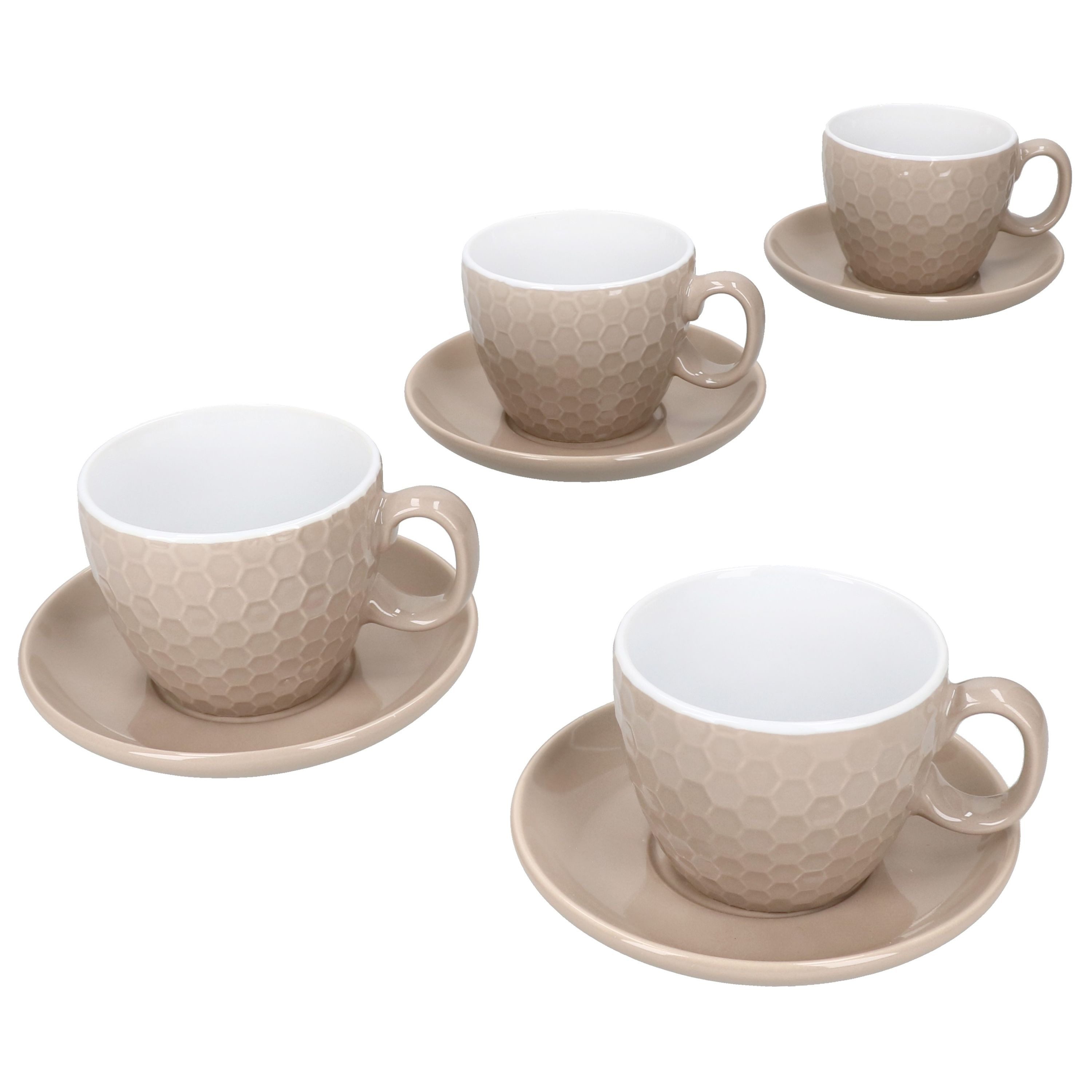 MamboCat Tasse 4er Set Hexa Kaffeetassen mit Untertassen Beige Keramik Relief, Keramik