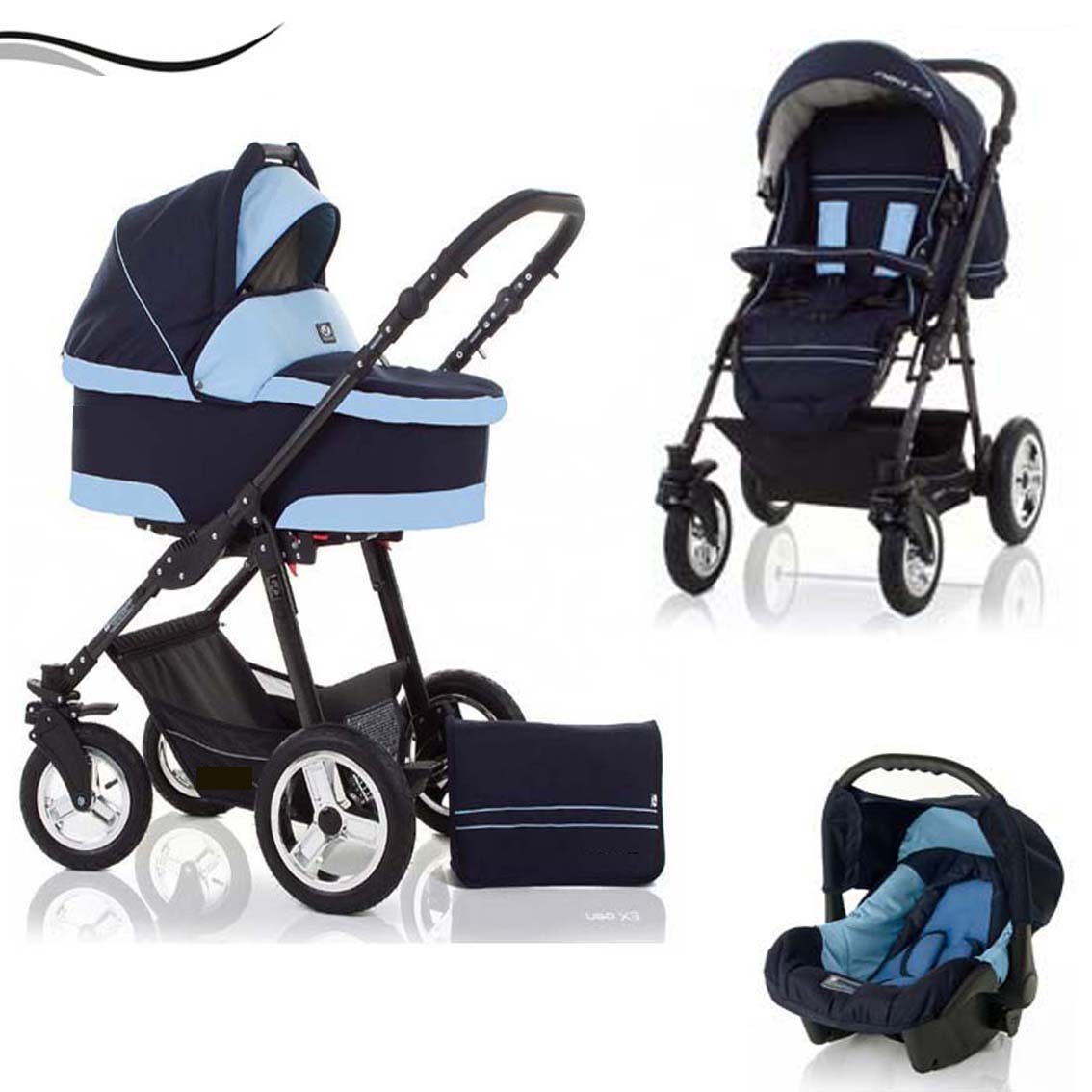 babies-on-wheels Kombi-Kinderwagen City Star 3 in 1 inkl. Autositz - 16 Teile - von Geburt bis 4 Jahre in 16 Farben Navy-Hellblau