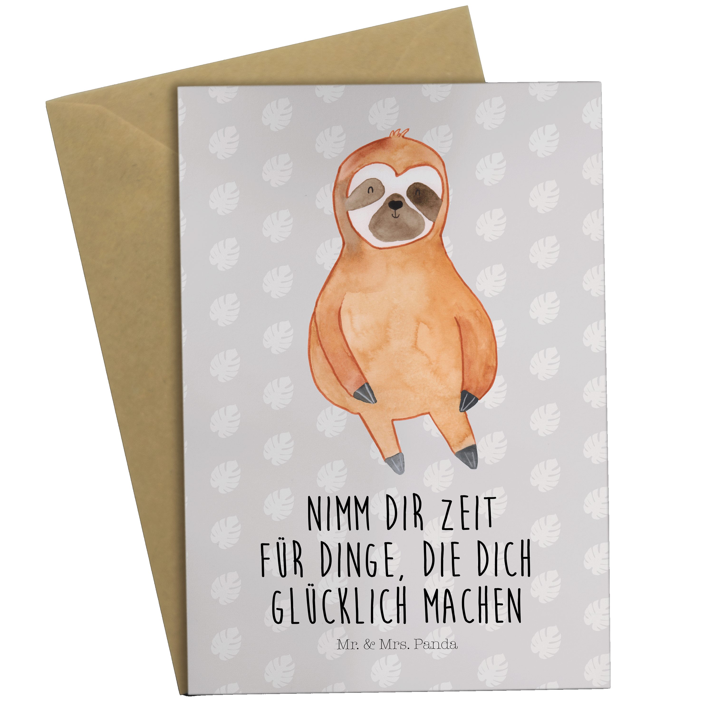 Mr. & Mrs. Panda Grußkarte Faultier Zufrieden - Grau Pastell - Geschenk, Glücklich, glücklich, G