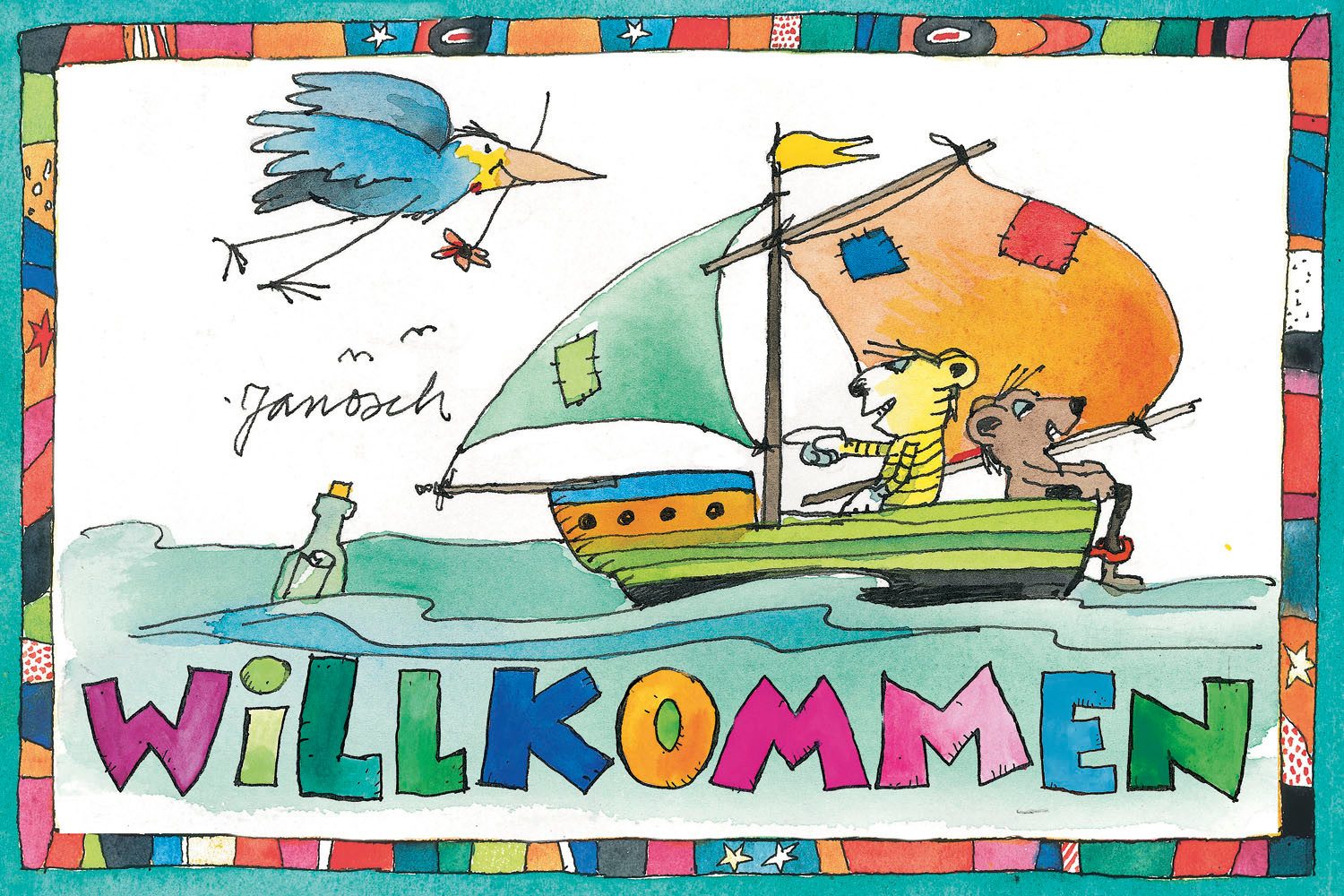 LuckyLinde Leinwandbild Der kleine Tiger und der kleine Bär - Willkommen, Bär, Bären, Ente, Enten, Figuren, Filmfiguren, Natur, Schiffe, Schriftzug, Teddy, Tiere, Tiger, little star (1 St), Exklusive JANOSCH Kindermotive