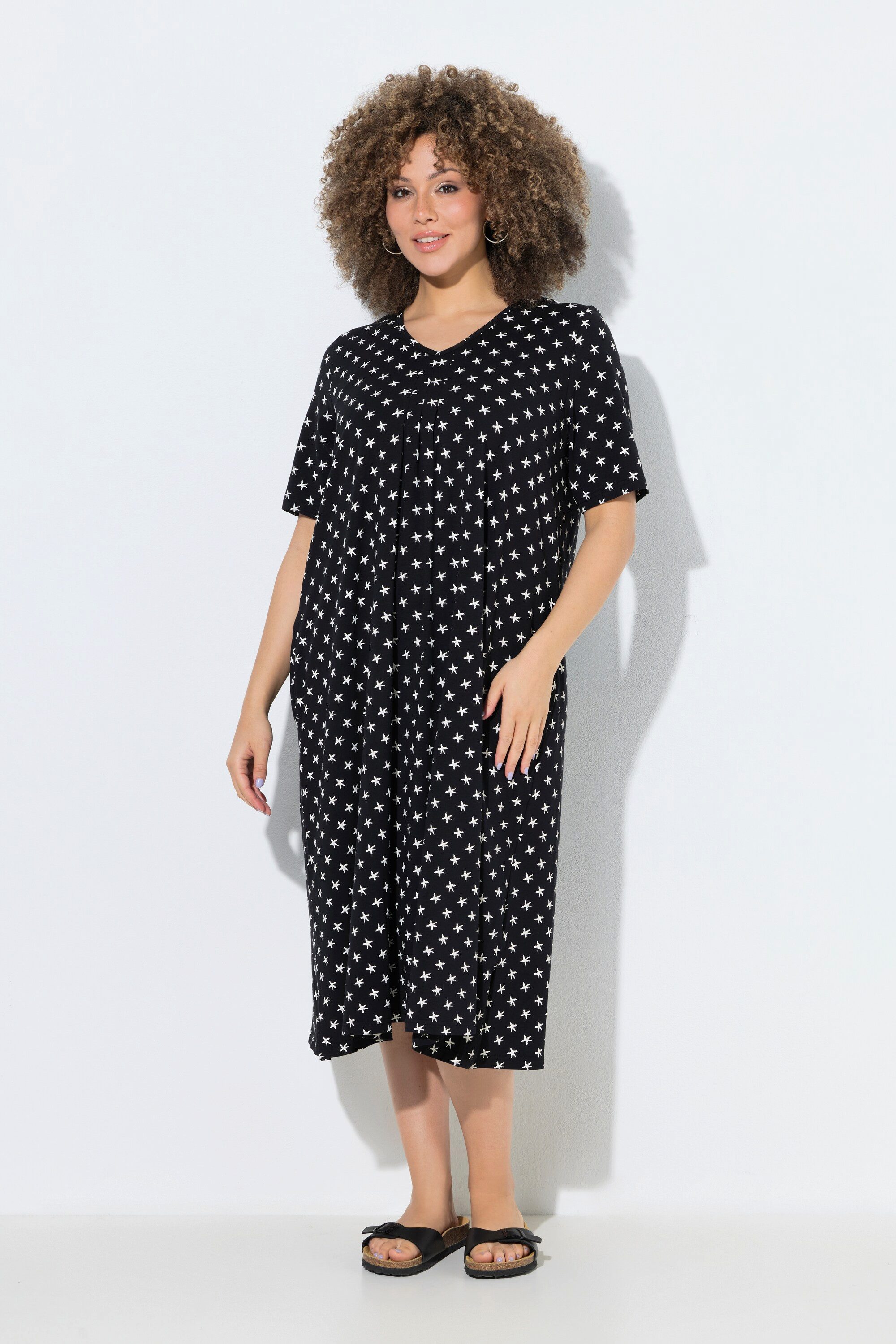 Ulla Popken Jerseykleid Midikleid Sterne V-Ausschnitt Halbarm Taschen