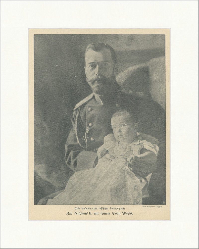 Kunstdruck Zar Nikolaus II mit seinem Sohn Aleris Russland Thronfolger F_Vintage