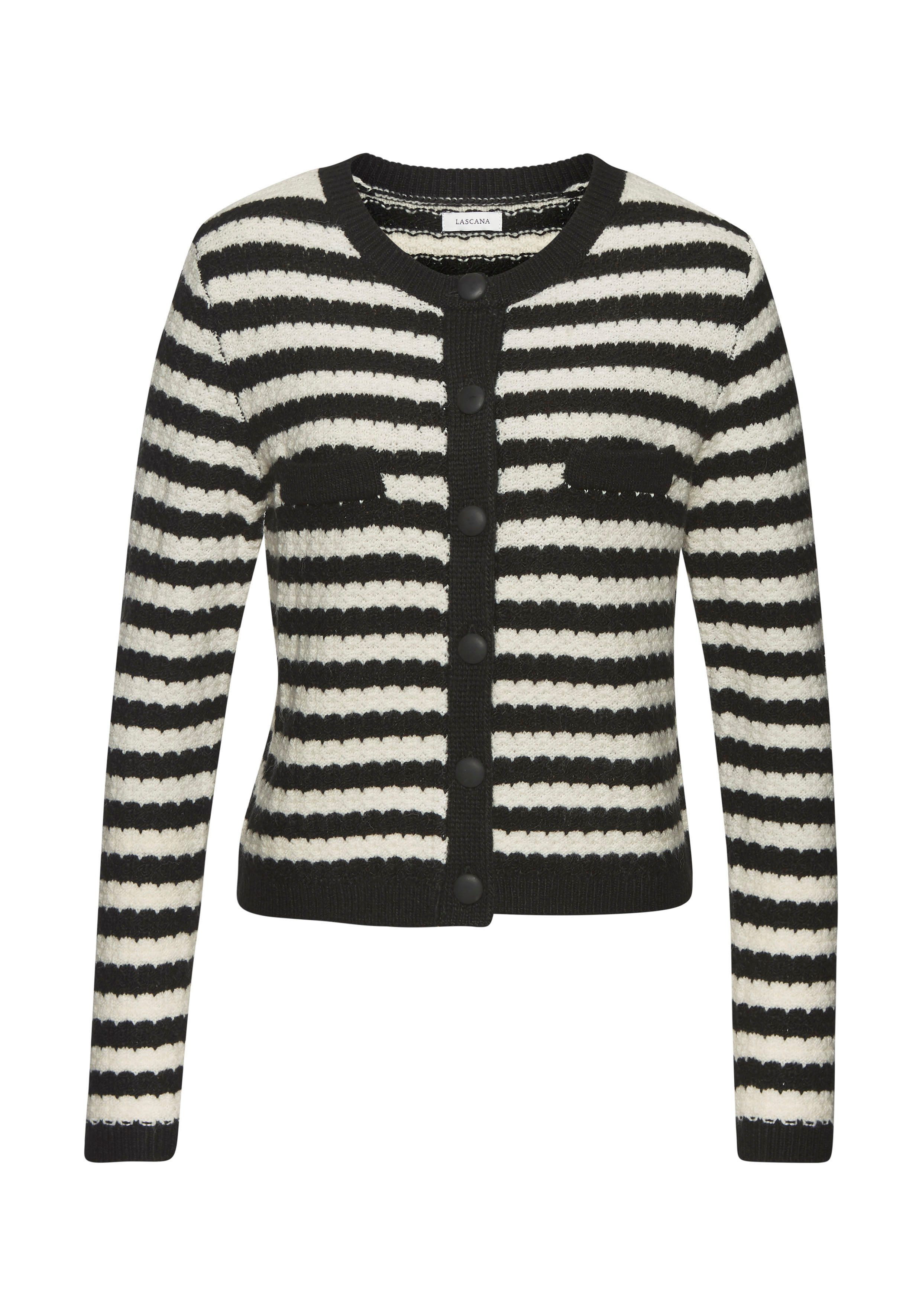 LASCANA Strickjacke mit Streifenmuster, Kontrastbündchen, markante Knopflei günstig online kaufen