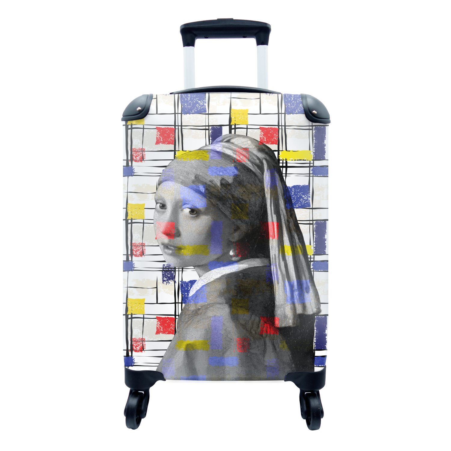 MuchoWow Handgepäckkoffer Mondrian - Mädchen mit Perlenohrring - Collage, 4 Rollen, Reisetasche mit rollen, Handgepäck für Ferien, Trolley, Reisekoffer