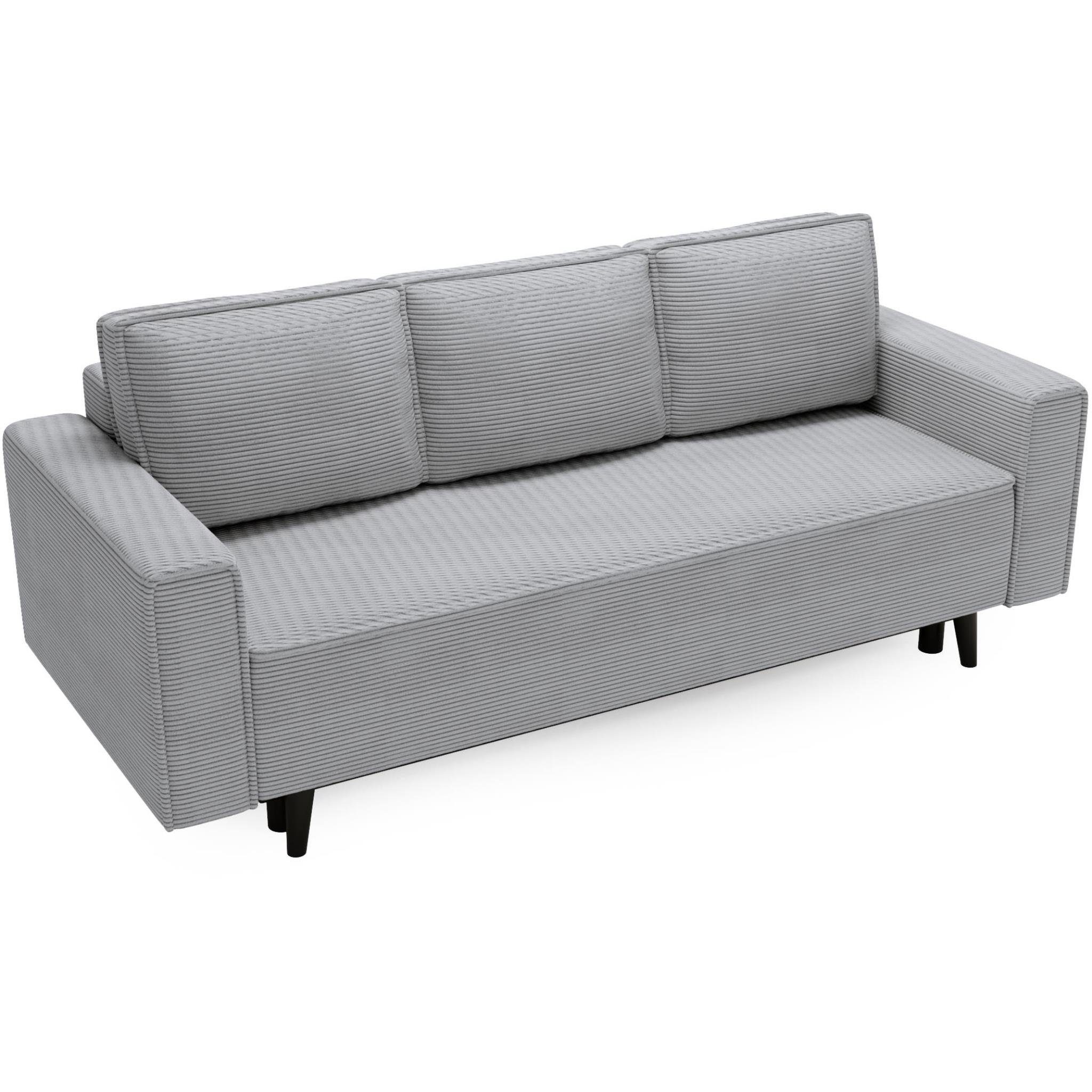 Beautysofa 225x95 mit cm Polstersofa, (poso Monte, Hellgrau Cord-Bezug, 55) Schlafsofa Relaxfunktion, stilvoll Bettkasten,