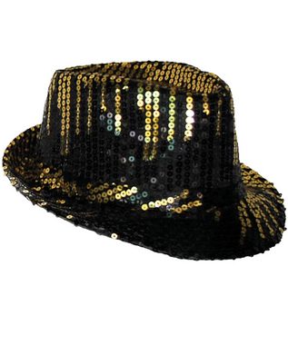 Karneval-Klamotten Kostüm Pailletten Hut schwarz gold mit Fliege gold, Glitzer Hut ideal für Silvester, Karneval, Party's, Zirkus und Show