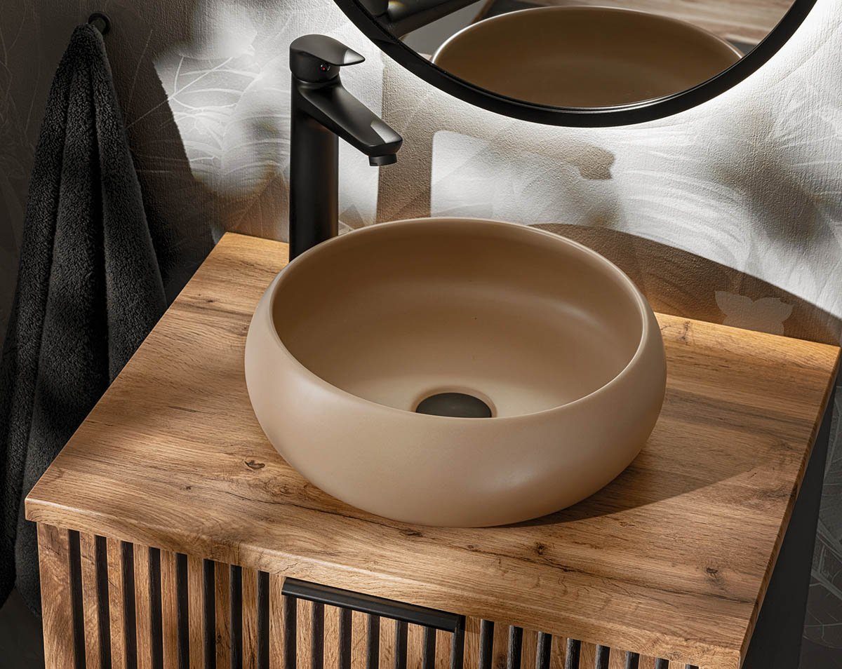 einfachgutemoebel Waschtisch-Set Aufsatz-Waschbecken 36x36xm rund, Keramik, beige-matt cappuccino, (Waschbecken, 1-St., Раковины)
