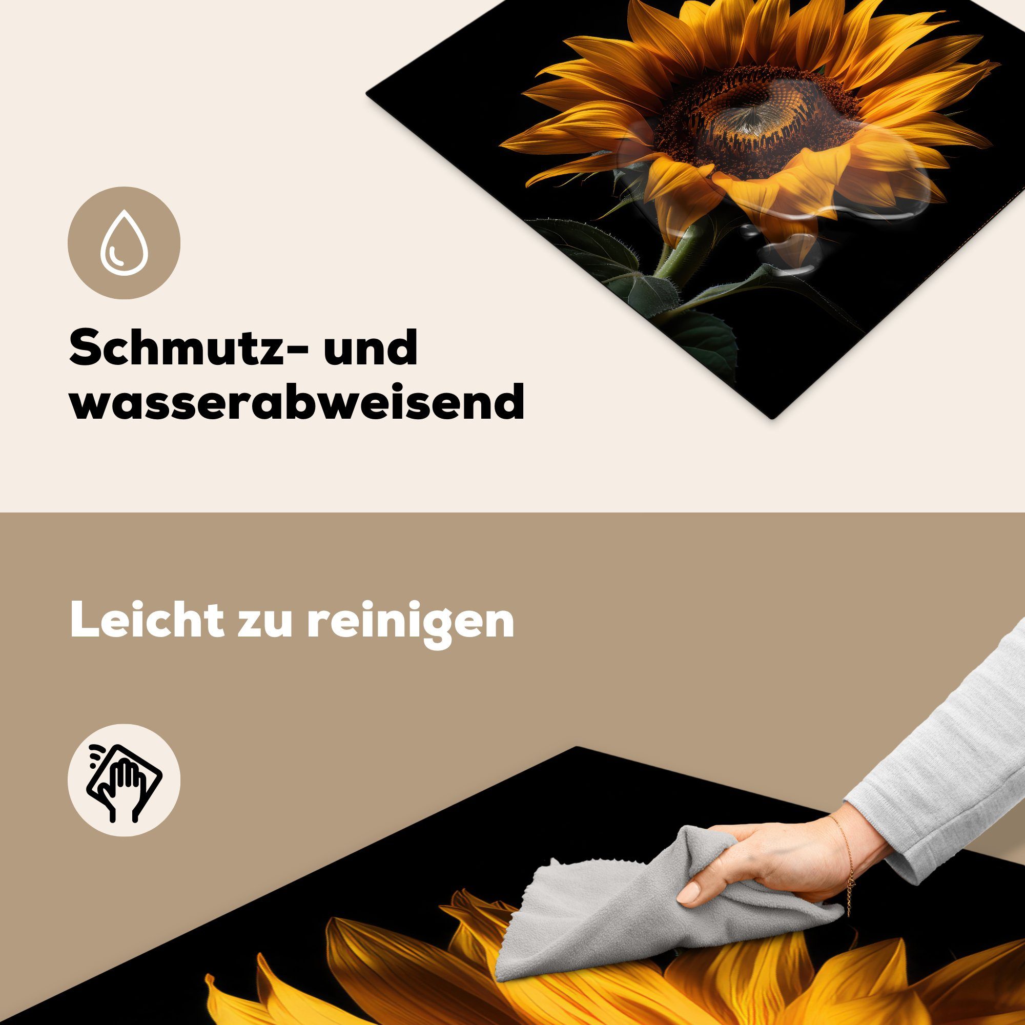 MuchoWow Herdblende-/Abdeckplatte Blumen Vinyl, - nutzbar, tlg), (1 - 60x52 Ceranfeldabdeckung - Mobile cm, Arbeitsfläche Botanisch Sonnenblume, Schwarz