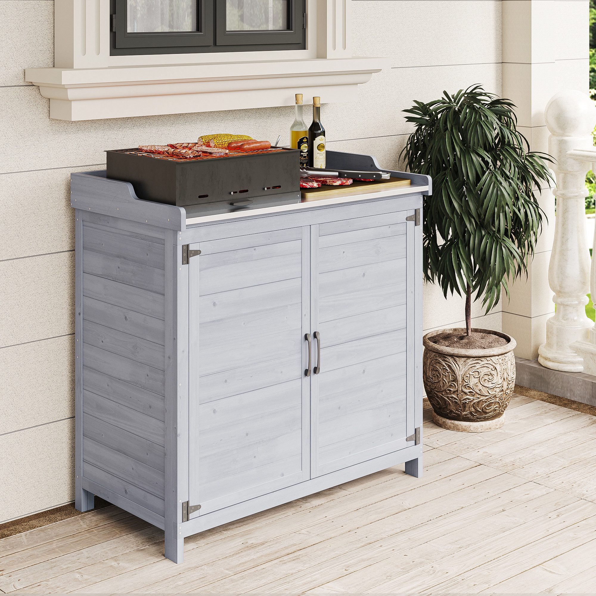 Bealife Garten-Geräteschrank Gerätehaus Geräteschrank, mit Arbeitsplatte, Asphaltdach, 98 x 48 x 95 cm,Natur, grau erhältlich