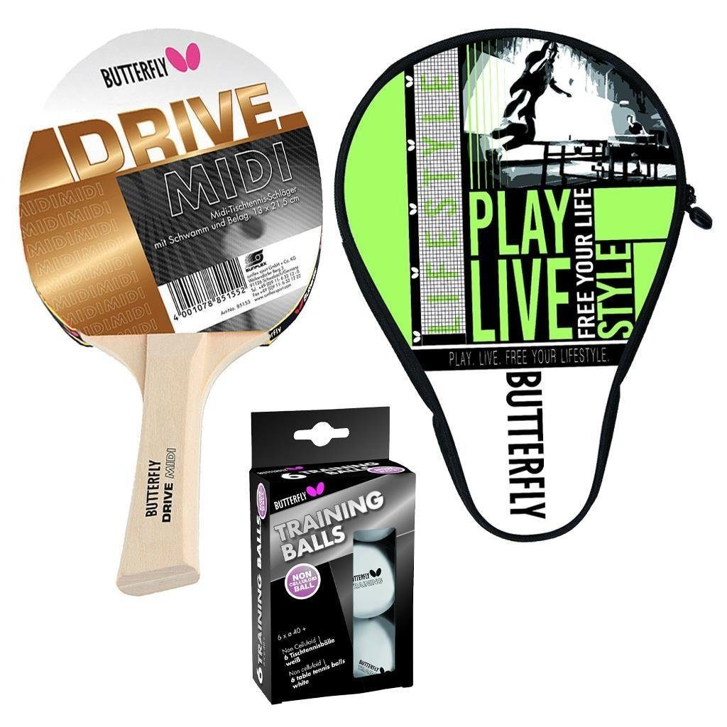 Butterfly Tischtennisschläger Drive Midi Bronze + Hülle + 6 Bälle weiß, Tischtennis Schläger Set Tischtennisset Table Tennis Bat Racket