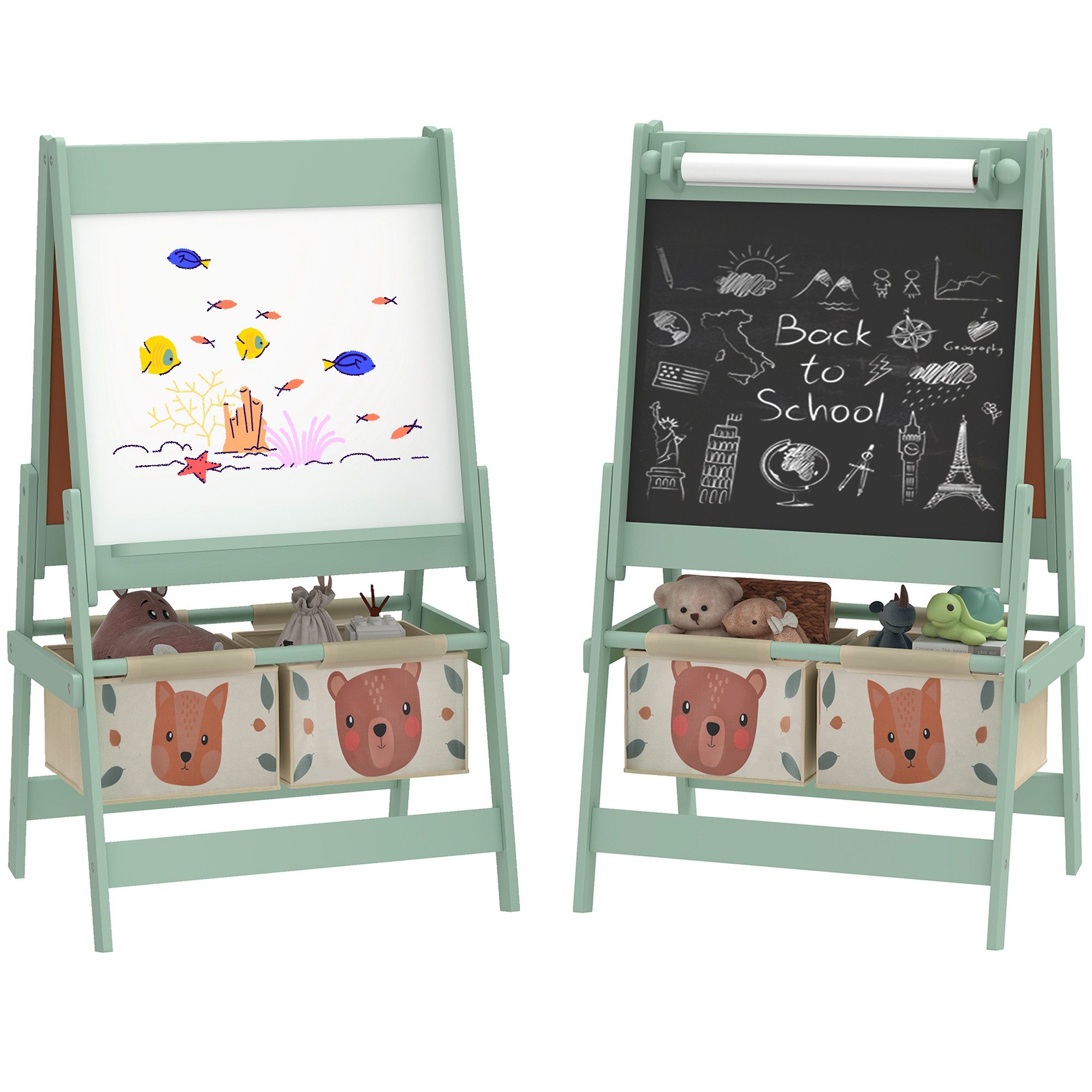 AIYAPLAY Tafel Staffelei Kindertafel Whiteboard mit Papierrolle inkl. Zubehör, (Standtafel, 1-tlg., Kinder Spieltafel), Grün 54 x 46,5 x 93 cm