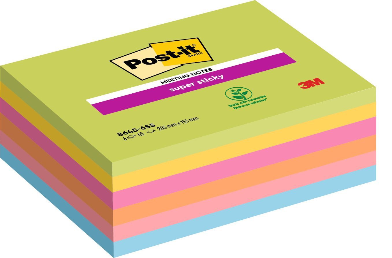 Post-it® Haftnotizblock Post-it Super Sticky Meeting Notes, 203 x 152 mm, sortiert