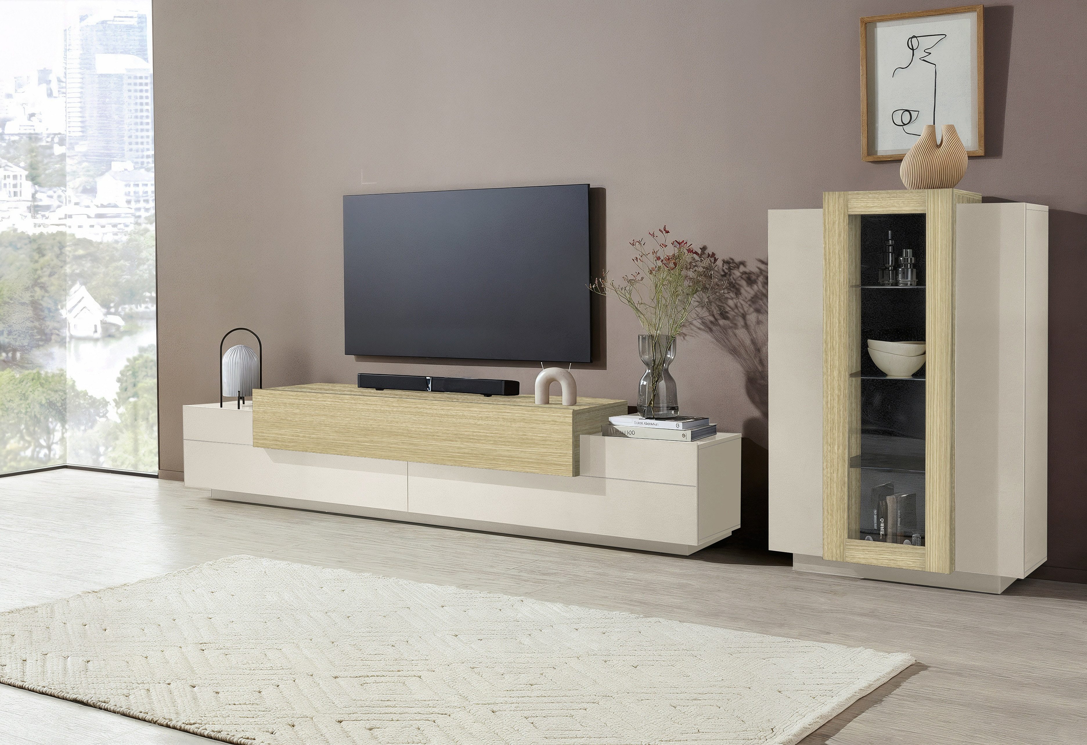Home affaire Wohnwand Coro, Anbauwand, Medienwand, (Set, 2-St), Lowboard 4 Fächern Breite 200 cm und Vitrine 3 Türen Breite 80 cm