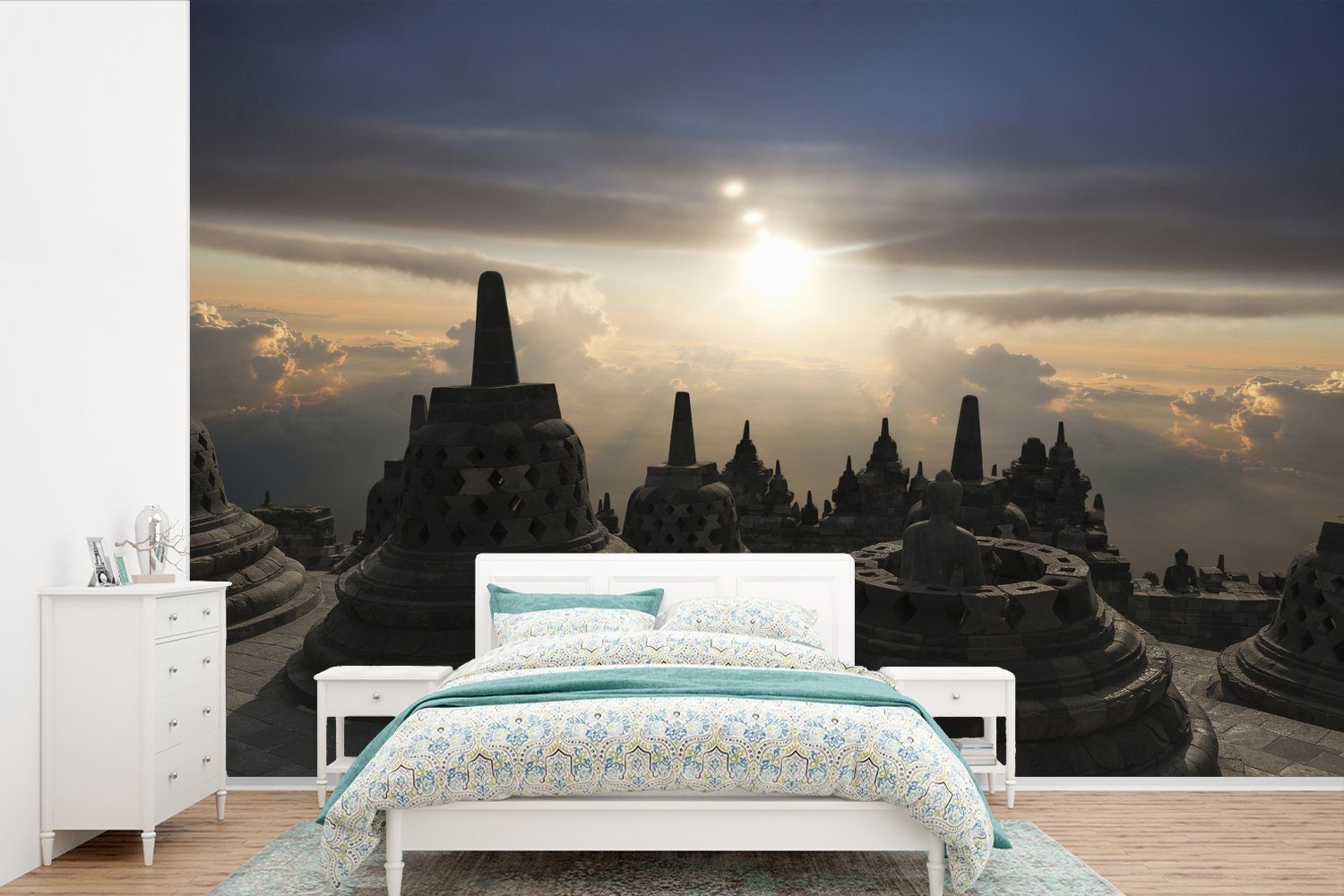 MuchoWow Fototapete Borobudur bei Sonnenuntergang, Matt, bedruckt, (6 St), Wallpaper für Wohnzimmer, Schlafzimmer, Kinderzimmer, Vinyl Tapete