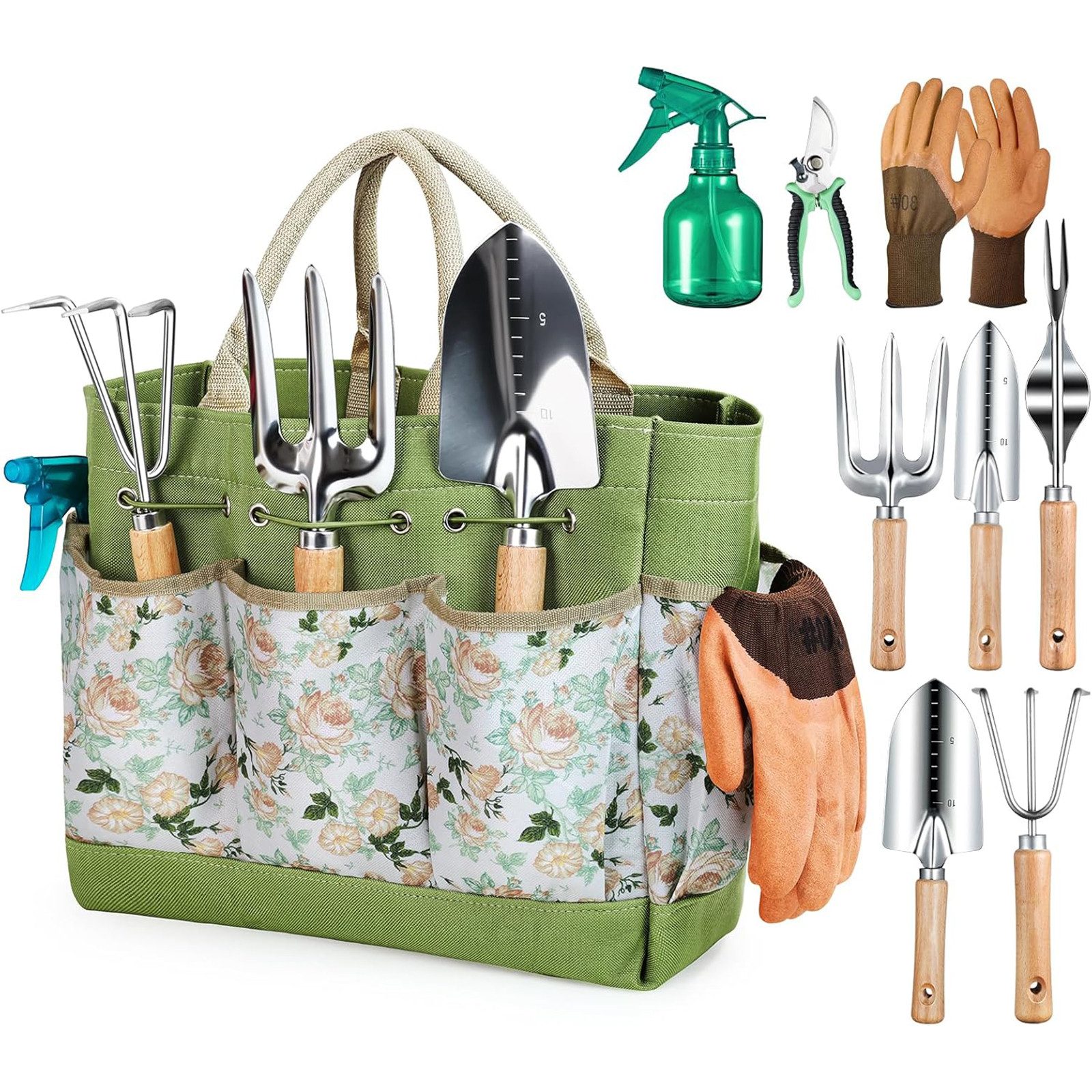 SURFOU Gartenpflege-Set 9tlg. Buchenholz Edelstahl Gartenwerkzeug Set mit Gießkanne, Mit Kelle, Rechen, Schaufel, Gartenschere, Tasche & Rutschgriffen.