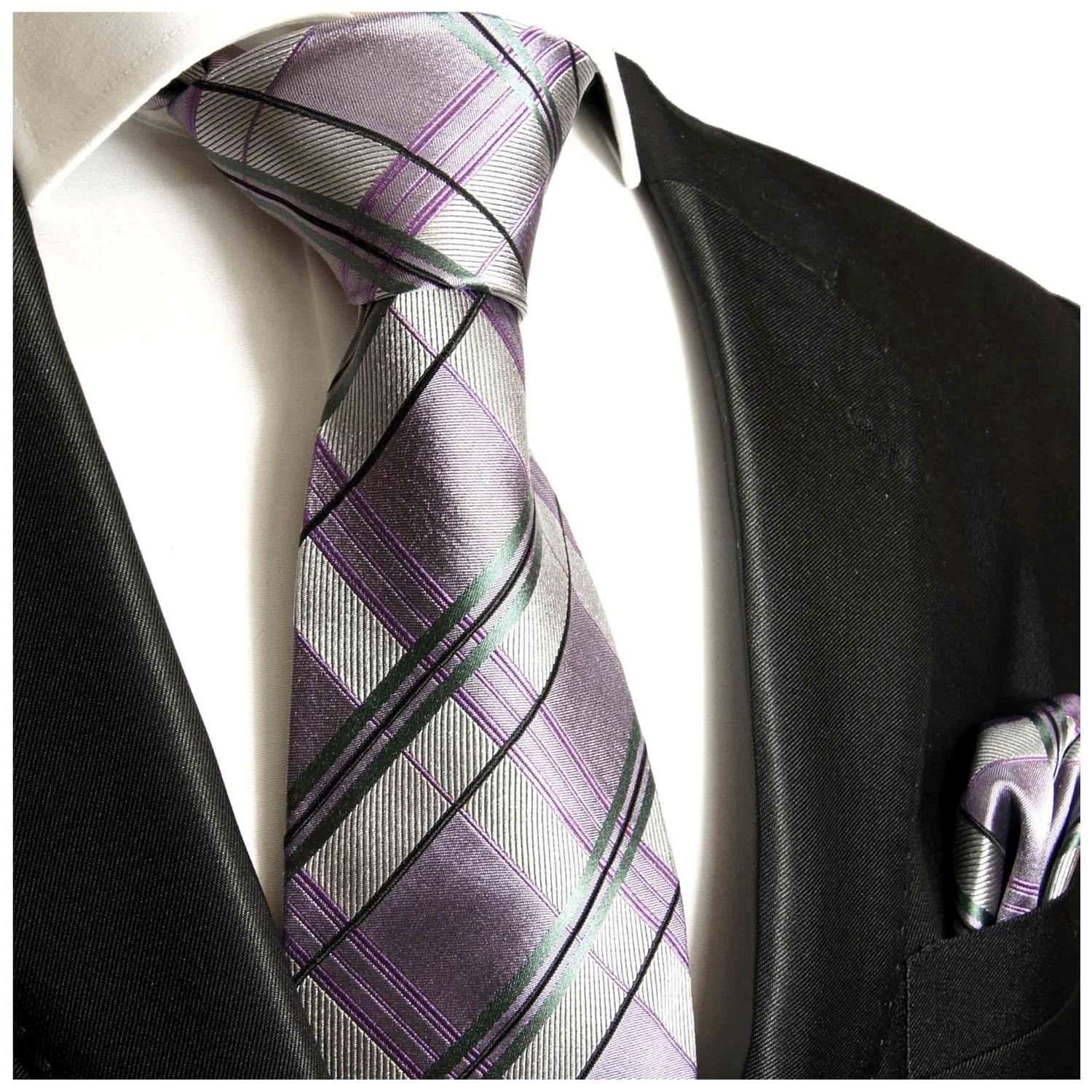 Paul Malone Krawatte Herren 2-St., mit Seide (Set, und (6cm), modern violett Schmal 100% grau Tuch Krawatte silber Seidenkrawatte 507 lila Einstecktuch) Schottenmuster