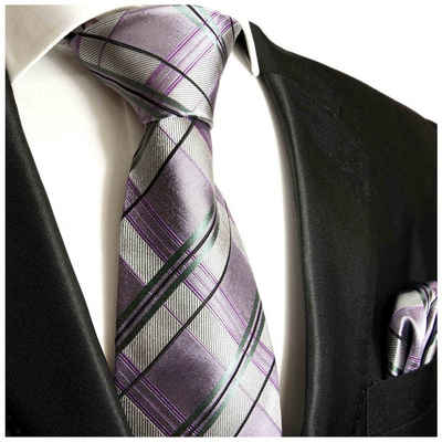 Paul Malone Krawatte Herren Seidenkrawatte und Tuch modern Schottenmuster 100% Seide (Set, 2-St., Krawatte mit Einstecktuch) Schmal (6cm), lila violett silber grau 507