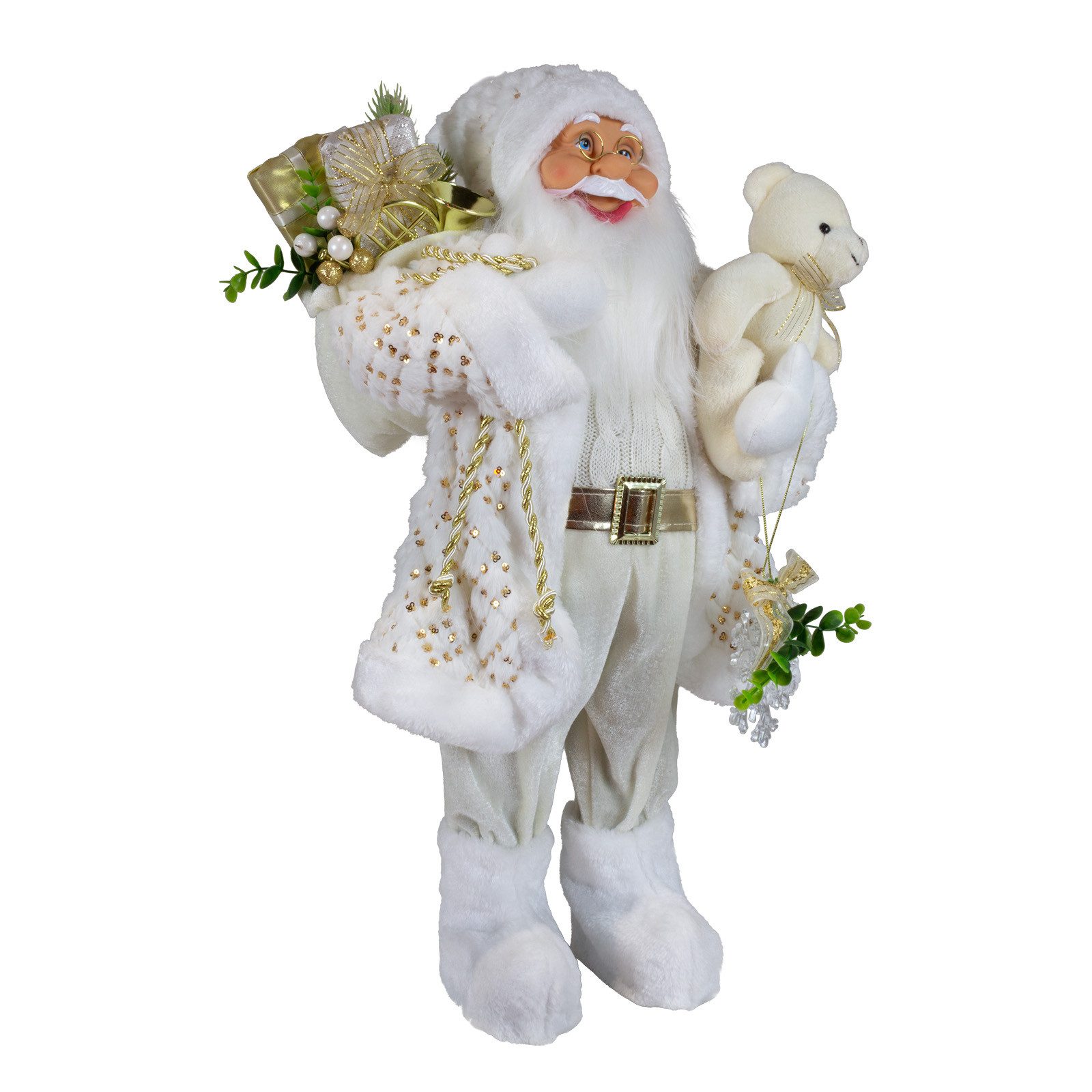 Christmas Paradise Weihnachtsmann stehend 45cm (Santa, 1 St., stehend), weiß-gold mit Teddybär
