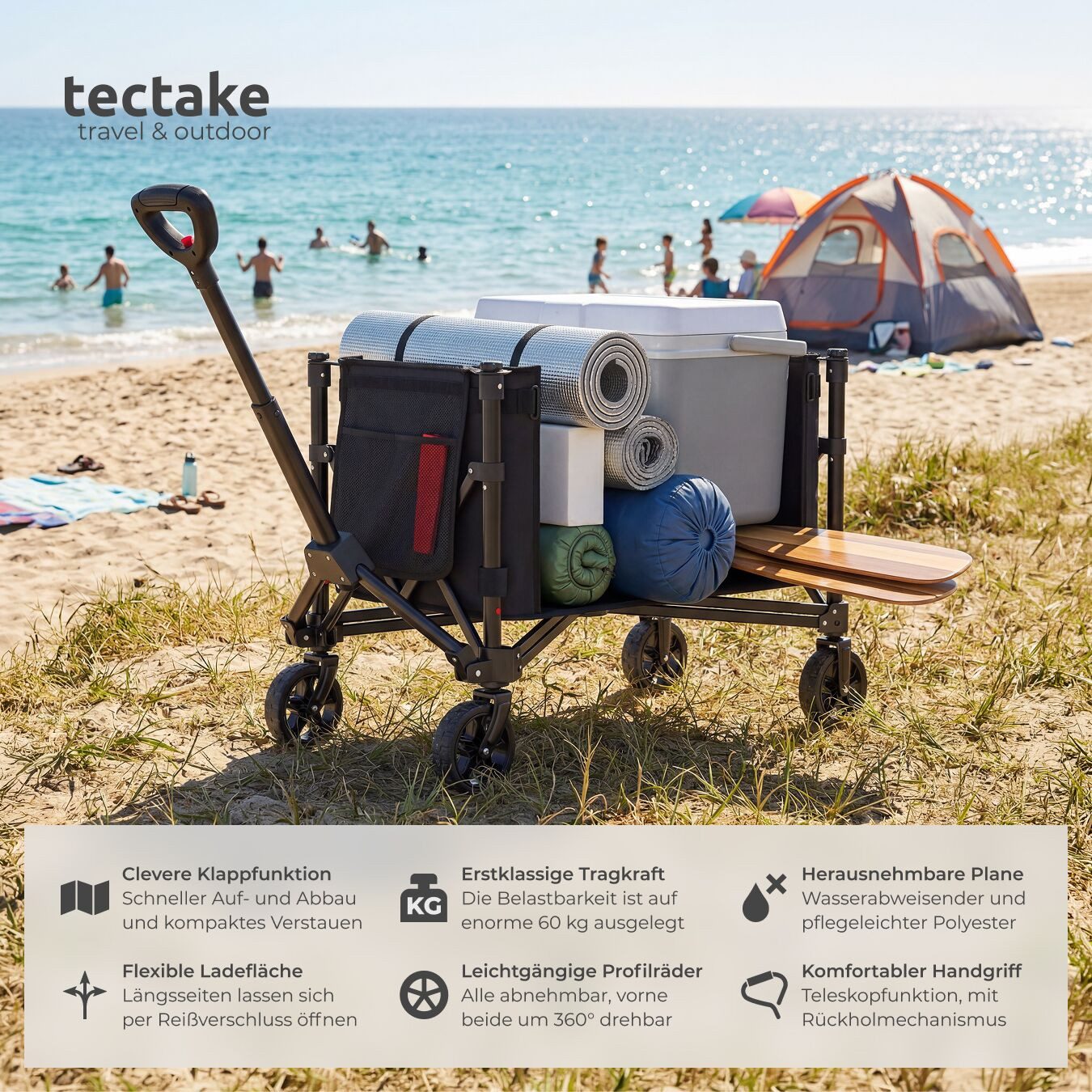 tectake Bollerwagen Handwagen SmartRider faltbar, Profilräder, Teleskopgriff (1 Transportwagen, 1-tlg., 120L Volumen in Schwarz mit abnehmbarer Plane aus Oxford-Gewebe), Inklusive Einlegeboden, Reflektorstreifen, Belastbarkeit 60 kg