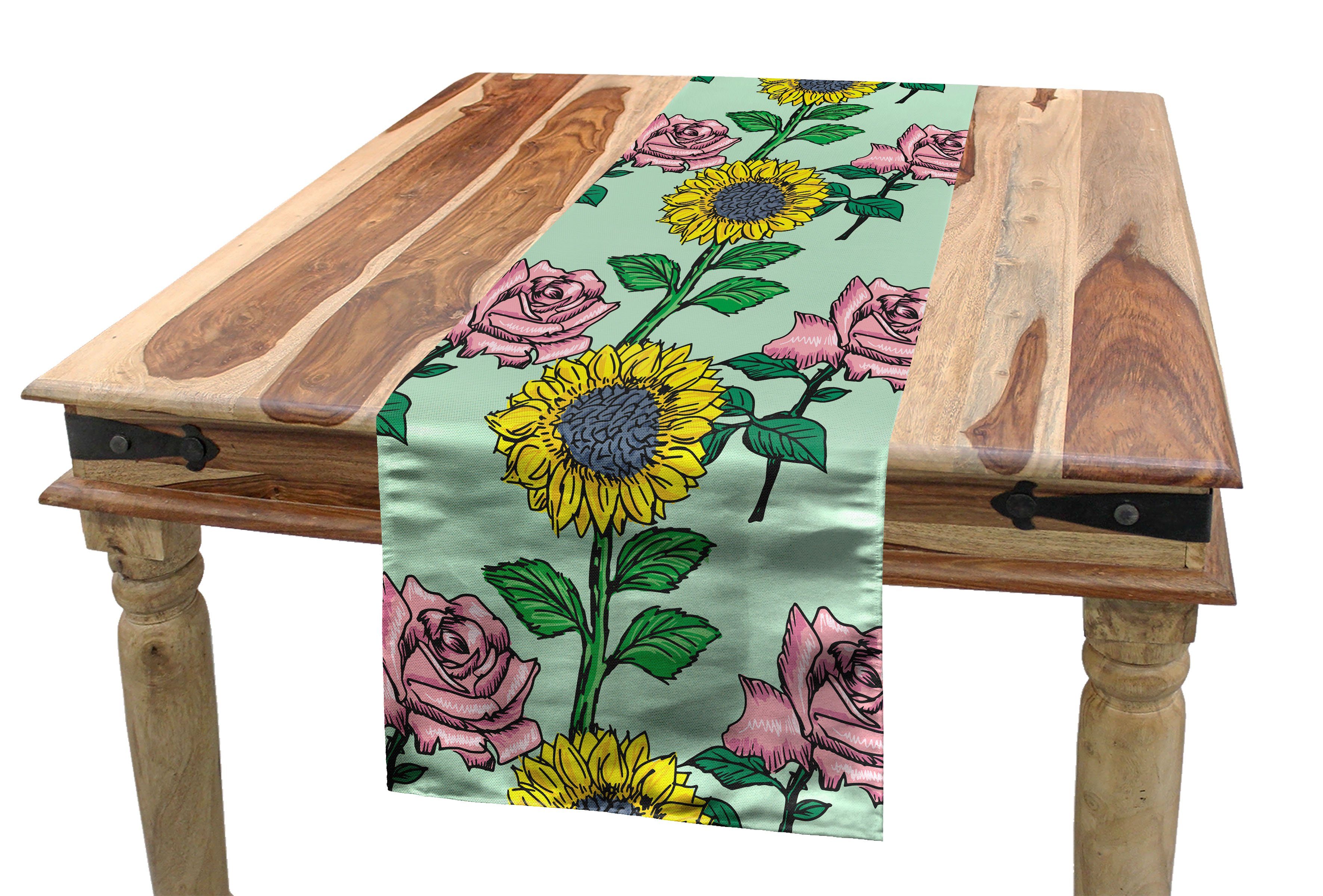 Abakuhaus Tischläufer Esszimmer Küche Rechteckiger Dekorativer Tischläufer, Blume Sonnenblumen und Rosen