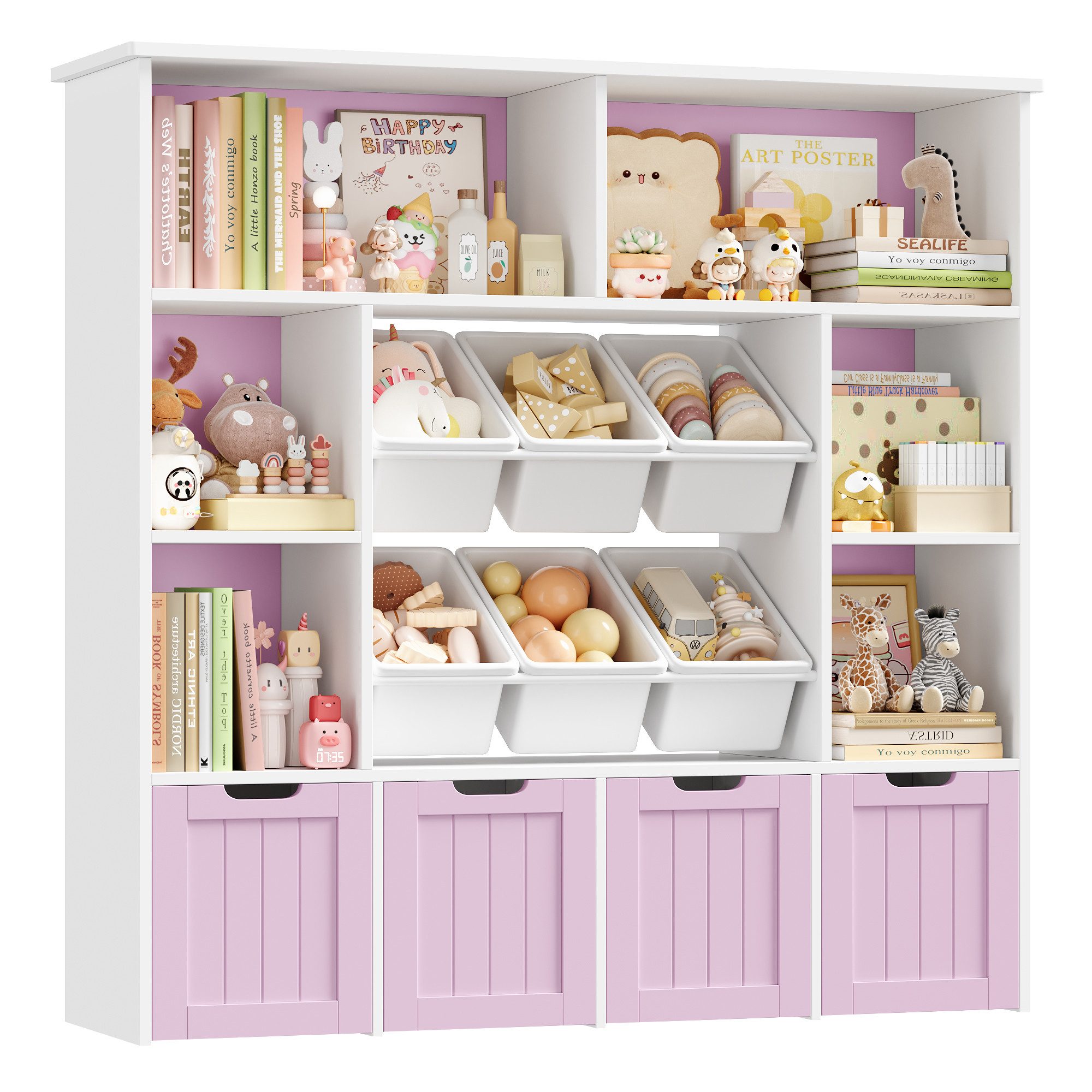 Homfa Kinderregal mit 4 Spielzeugkisten auf Rollen und 6 Boxen, Spielzeugregal mit 6 offenen Fächern Spielzeugtruhe 125x121x33cm