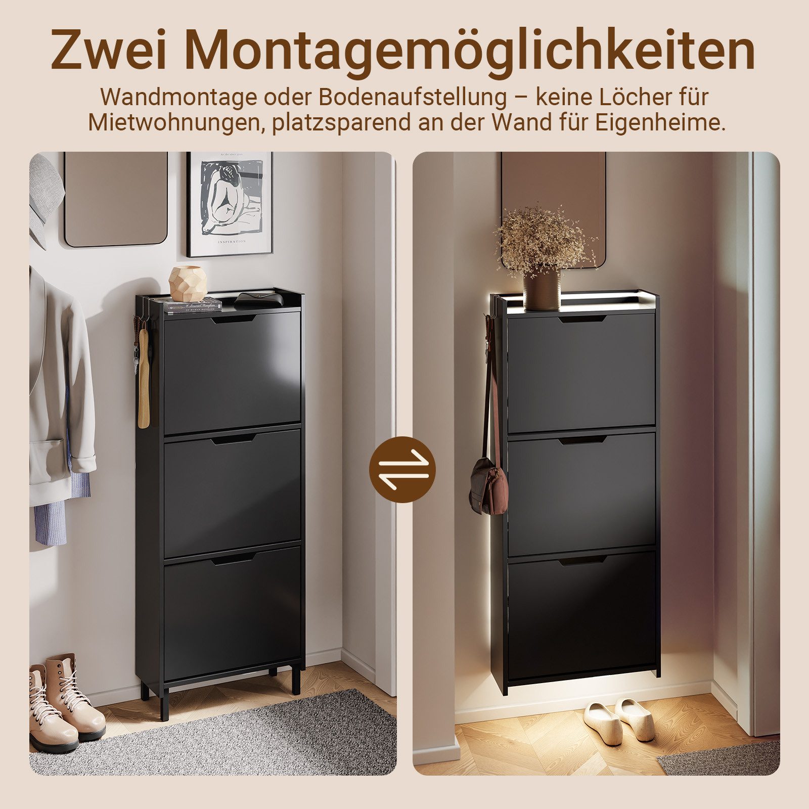 SoBuy Schuhkipper FSR151-H-E, Schuhschrank schmal, Schuhregal Schuhkipper Flurschrank, Schuhschrank hängend, mit Sensorlicht, 3 Klappen, Schuhaufbewahrung