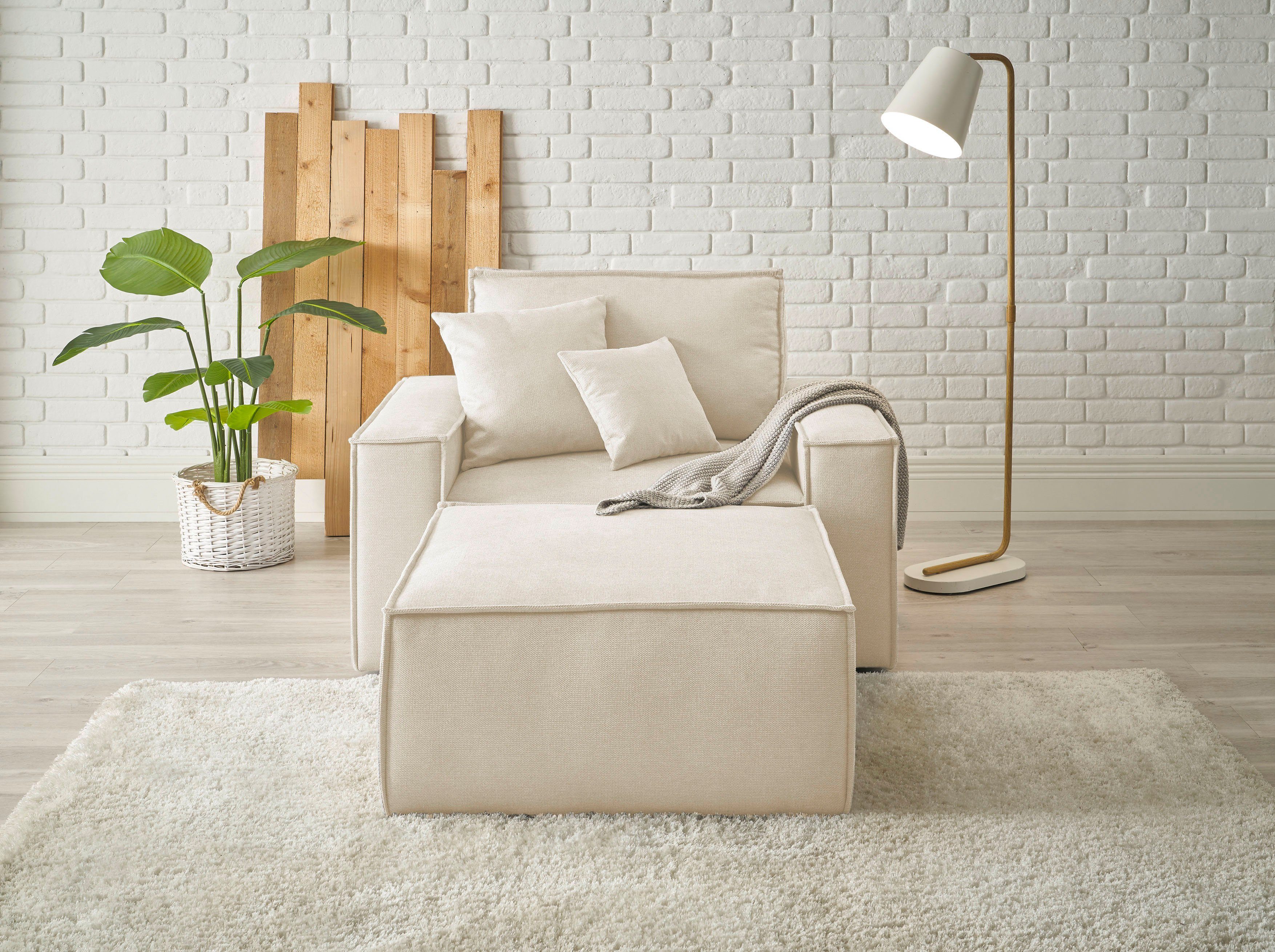 OTTO home Loveseat FINNLEY Struktur fein, Loveseat & Hocker im Set, inkl. Zierkissen (2-St), verfügbar in den Stoffqualitäten Bouclé, Struktur fein und Mega Cord