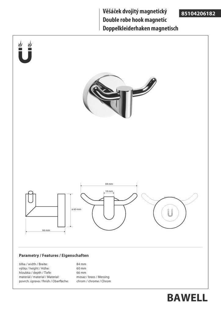 BRILLANTBAD® Kleiderhaken BAWELL Doppelkleiderhaken Messing Chrom für Bad & Küche >> Magnetisch, Einfach Magnetisch verwenden (starke Magnete)