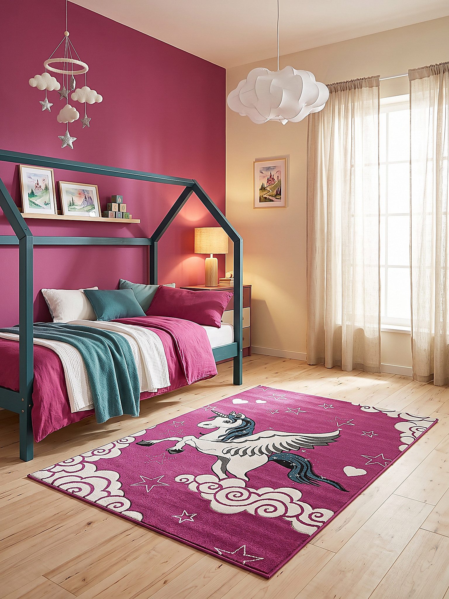 KADIMA DESIGN Kinderteppich CASOLA Kinderteppich Fuchsia 80x150 Sterne Polypropylen Kurzflor, Rechteckig, Höhe: 14 mm, Saugroboter-geeignet, Strapazierfähig, Fußbodenheizung geeignet