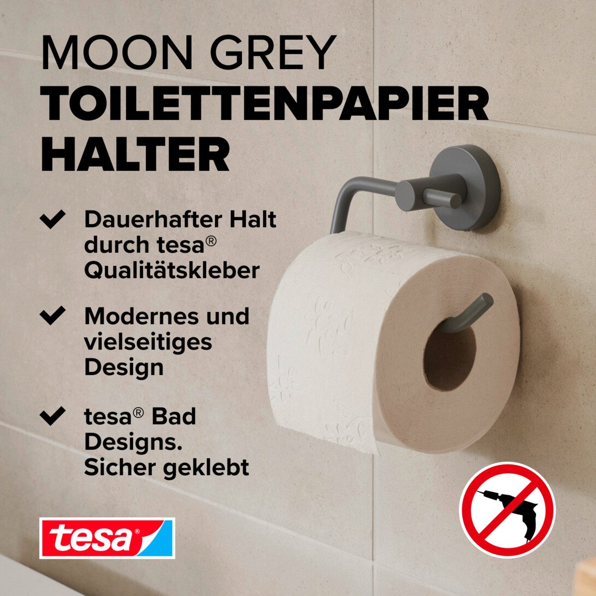 tesa Toilettenpapierhalter MOON Toilettenrollenhalter (Packung, MOON Grey), grau - 9,9 cm : 14 cm : 5,3 cm