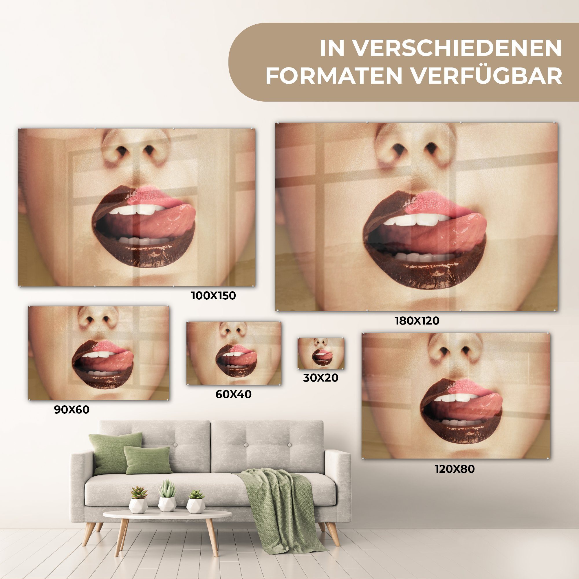 St), Porträt, - & Schokolade Frau MuchoWow Schlafzimmer Wohnzimmer - (1 Acrylglasbild Acrylglasbilder Lippen -