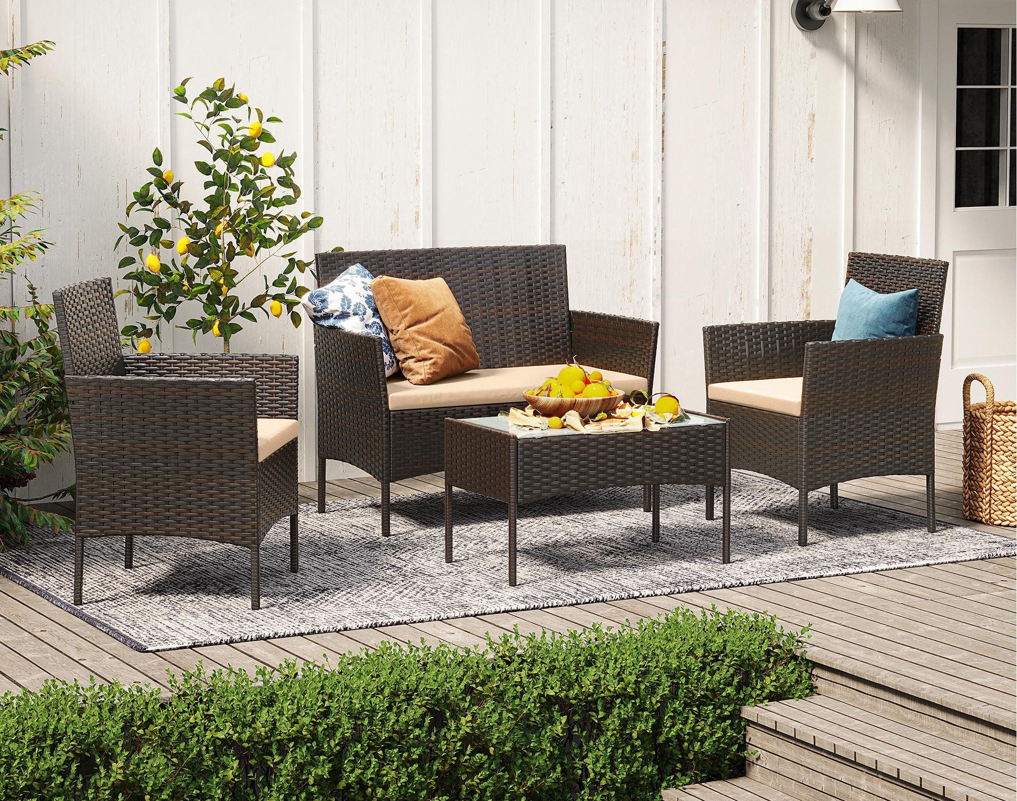 SONGMICS Gartenlounge-Set Balkonmöbel aus PE-Polyrattan, (4-tlg., 2 Gartenstuhl, 1 Sofa, 1 Gartentisch, mit Kissen), Balkonmöbel, Terrassenmöbel