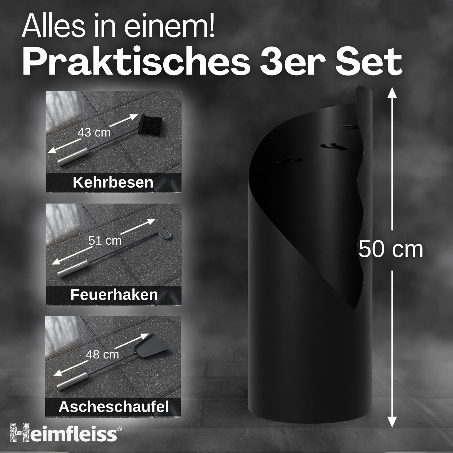 Heimfleiss® Kamingarnitur Modernes Kaminbesteck aus Stahl & Holz – 3-teilig günstig online kaufen