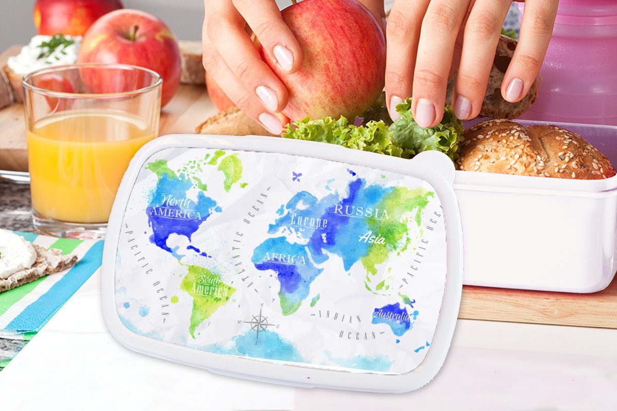 Jungs für Brotbox Mädchen - und Erwachsene, Grün für Lunchbox (2-tlg), - Kinder weiß MuchoWow Weltkarte und Aquarell Blau, - Kunststoff, Brotdose,