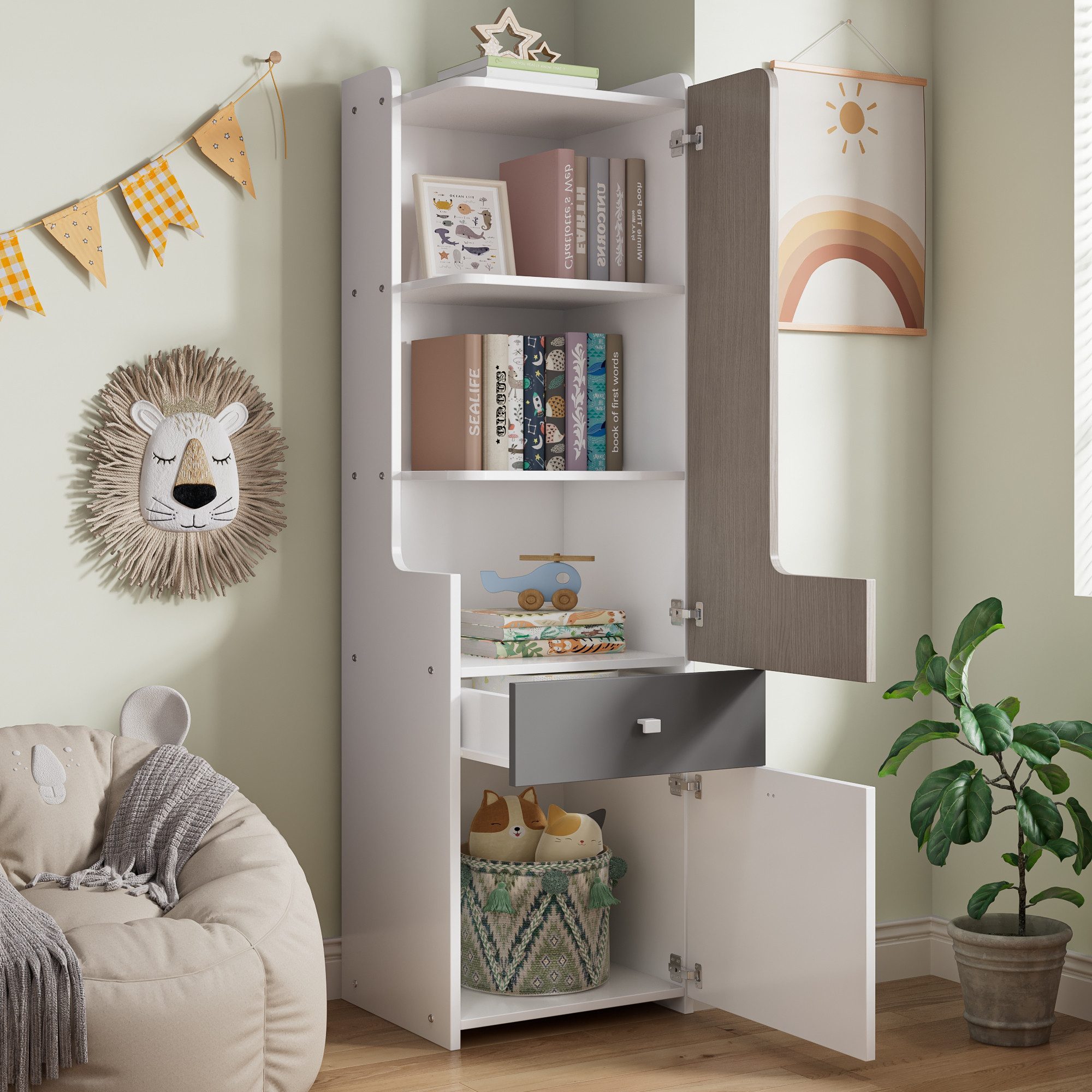 TavilaEcon Bücherregal mit L-förmigen Tür, zweifarbiger Schublade und Aufbe günstig online kaufen