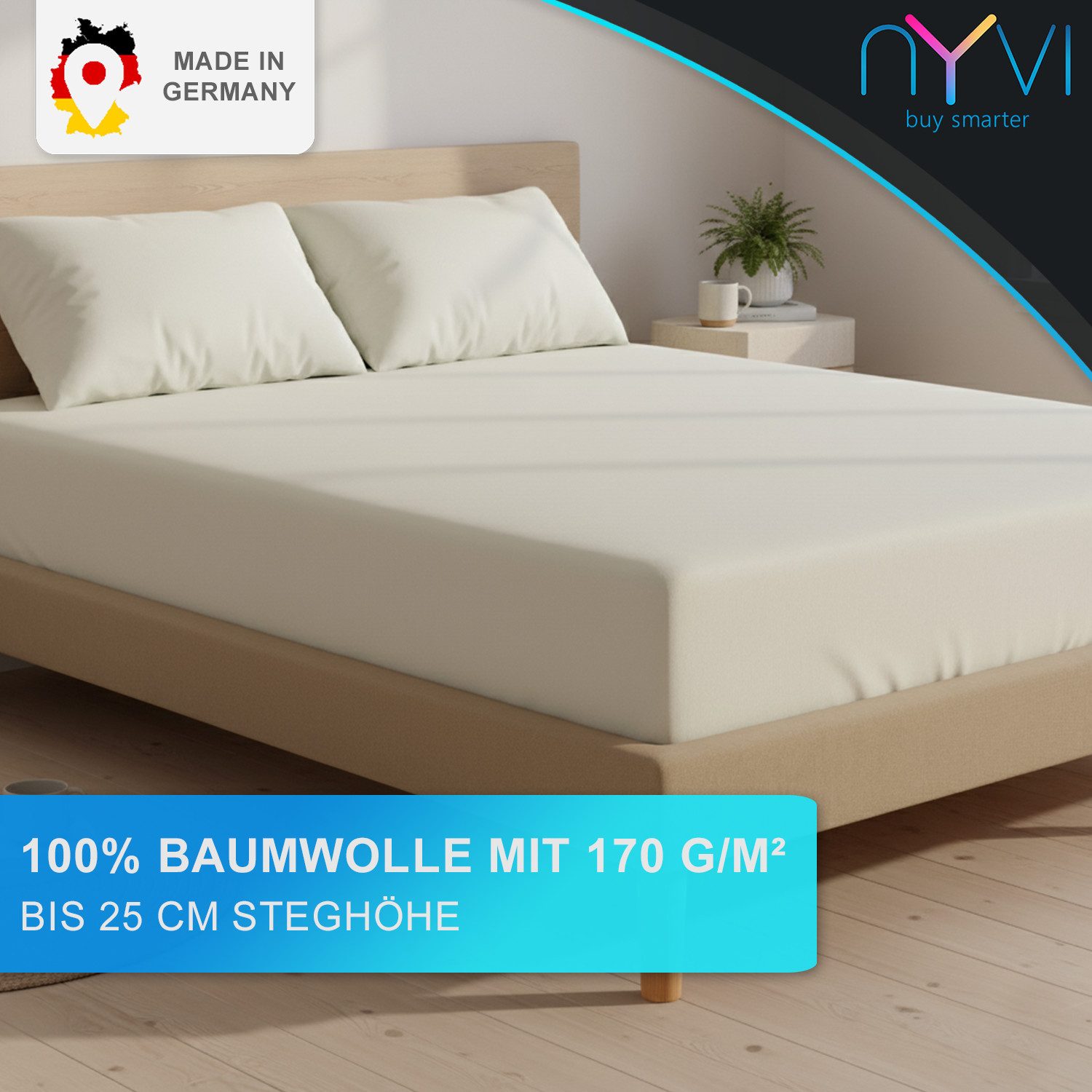 NYVI Spannbettlaken Feinbiber Spannbettlaken Deluxe für Matratzen bis 25 cm Steghöhe, Baumwolle, (1 Stück), 90x200 cm - Extra Warm & Weich 100% Baumwolle Bügelfrei Vorgekrumpft