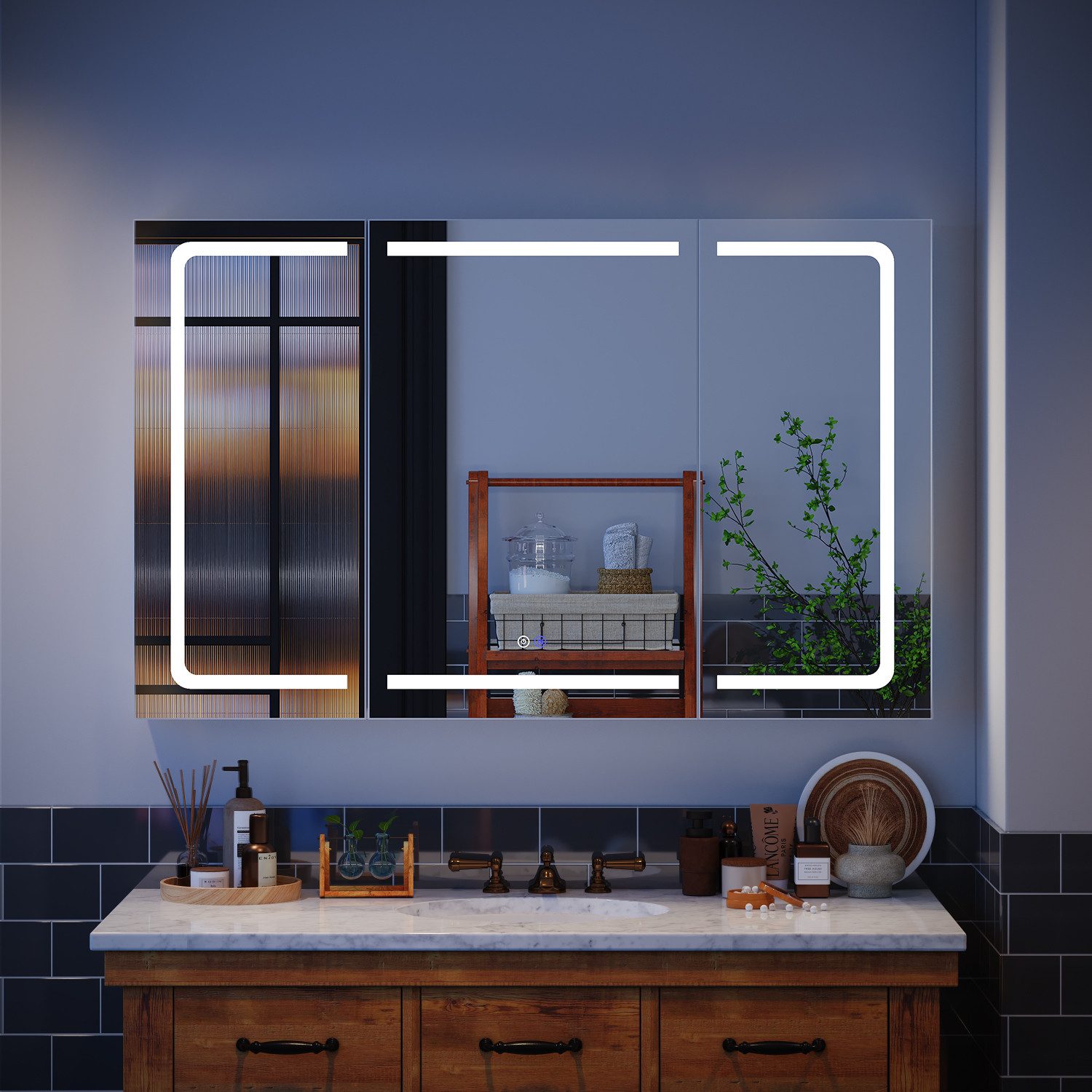 HOMALL Badezimmerspiegelschrank LED-3 Farbtemperaturen Spiegelschrank,Entnebelungsfunktion (mit Stecker, Touchschalter, Helligkeitsregelung,3 Türen Große Speich – Bild 4 von 5