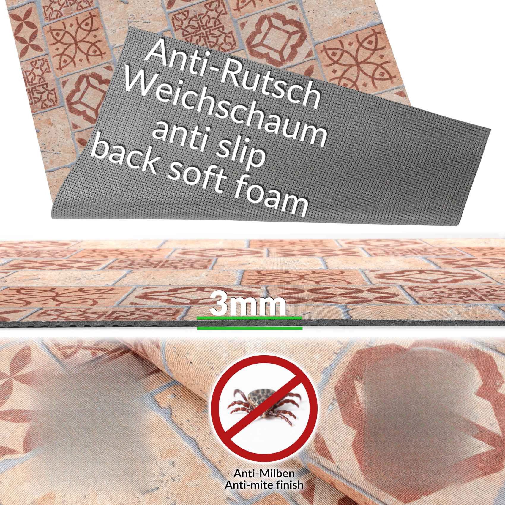 ANRO Küchenläufer RANNA Hochwertig Küchenteppich Teppich Textil, Eckig, Bodenläufer 100x65cm Fliesen Mosaik Braun pflegeleicht – Bild 4 von 5