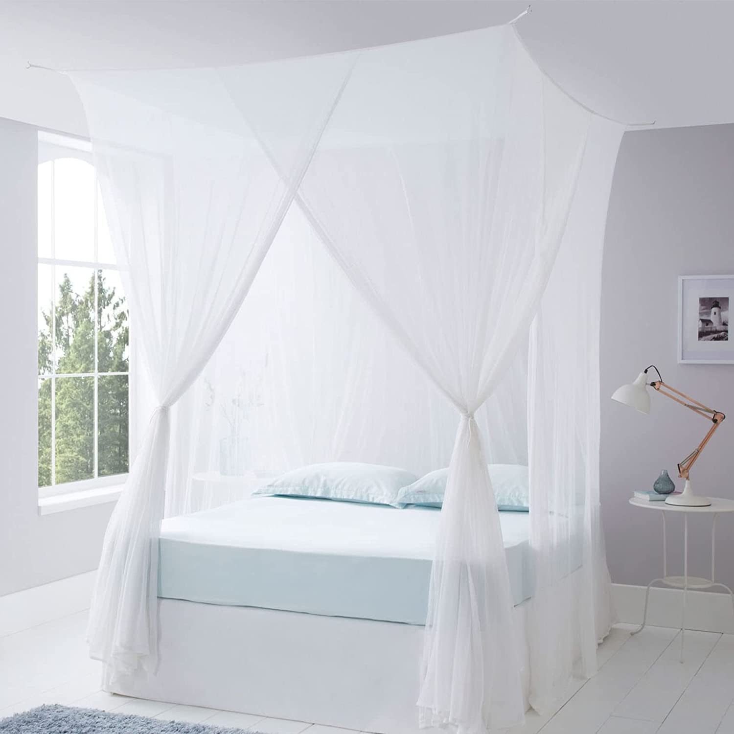 GelldG Moskitonetz Moskitonetz Groß 4 Bett für mit Fliegennetz Anti-Insekt Eckpfosten weiß