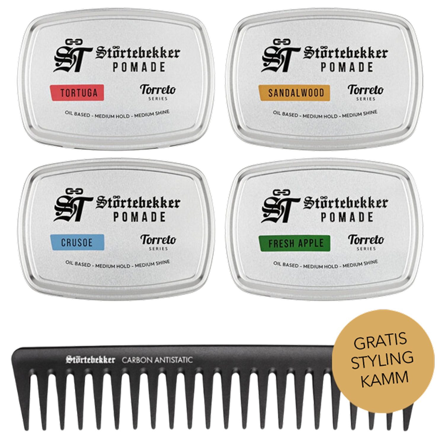 Störtebekker Haarpomade 'Torreto Series' - Ölbasiert - Probierset, mit 4 herrlichen Düften plus Styling-Kamm
