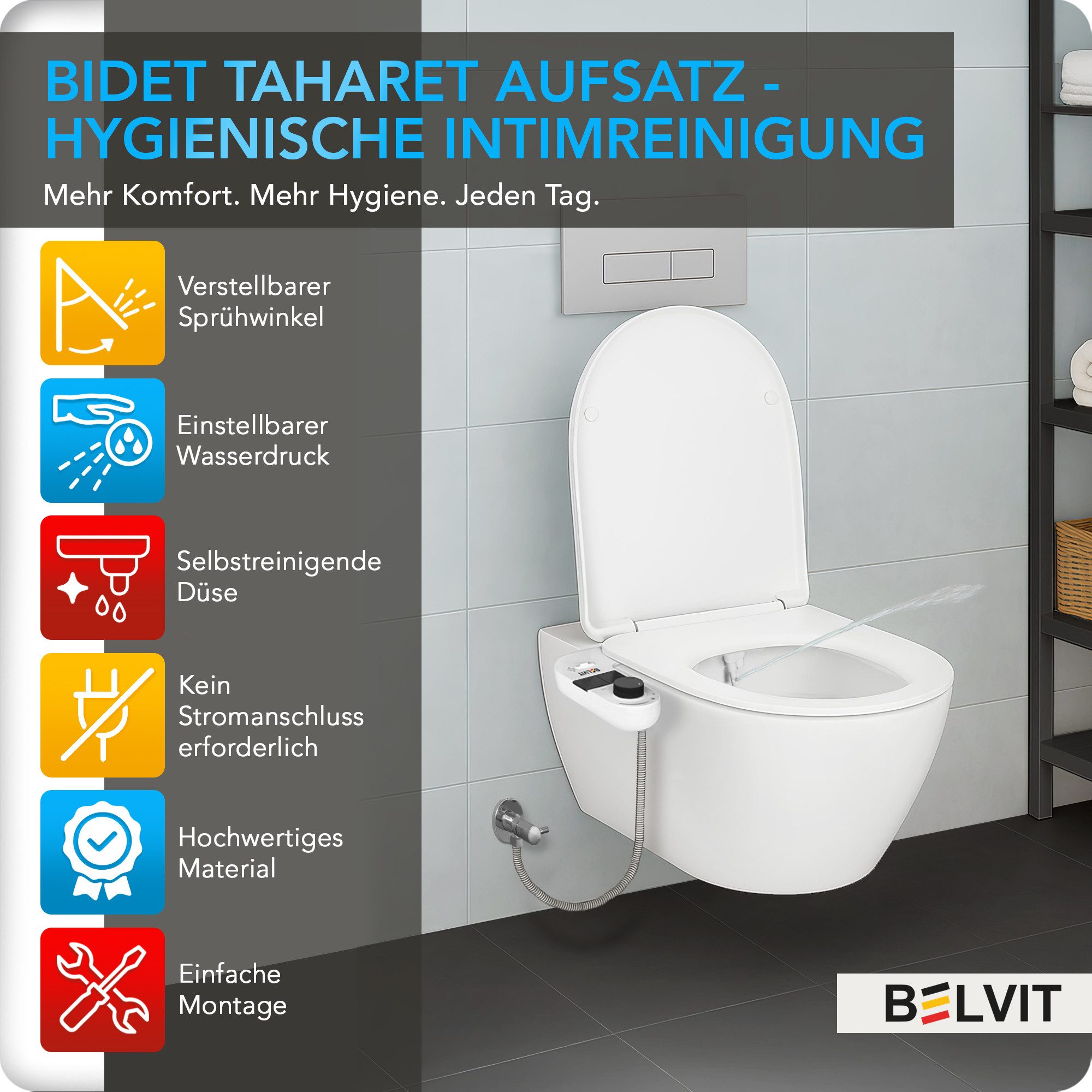 Belvit Bidet-Einsatz für Toiletten – Hygienischer WC Bidet Toilettenaufsatz ohne Strom, 1-tlg., einfache Reinigung, Dank Ein-Klick-Demontage, verstellbarer Wasserdruck & selbstreinigende Düse, einfache Montage