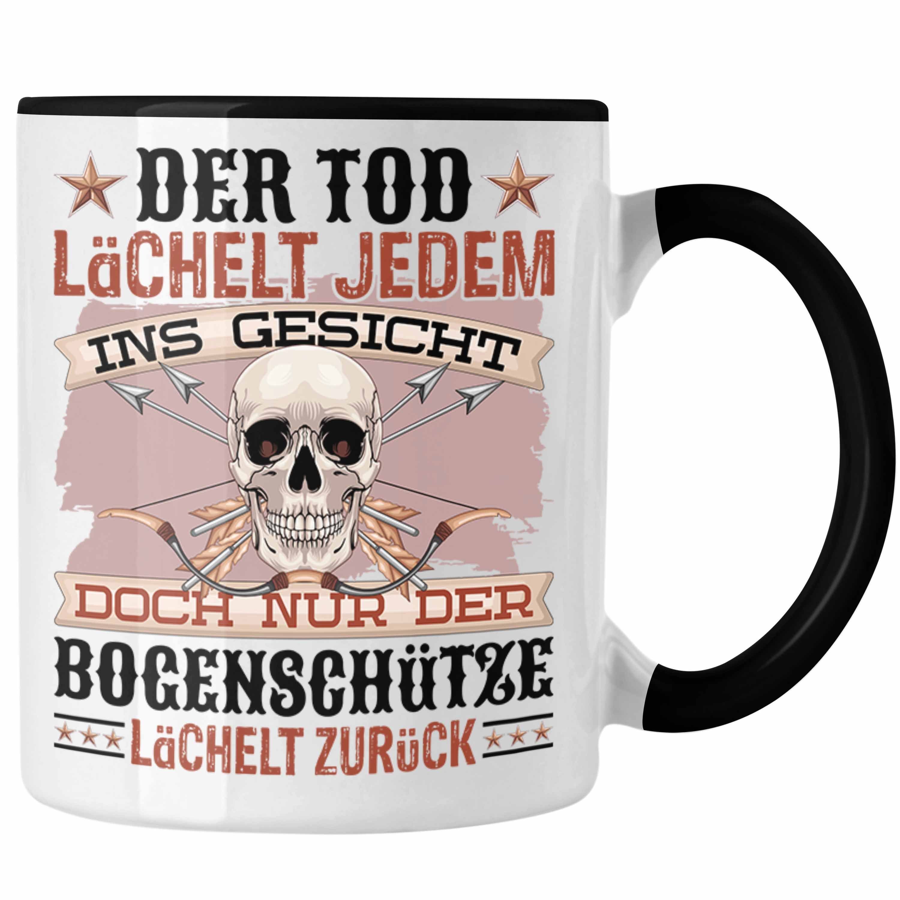 Trendation Tasse Bogenschütze Geschenk Pfeil & Bogen Geschenkidee Spruch Der Tod Lächel Schwarz