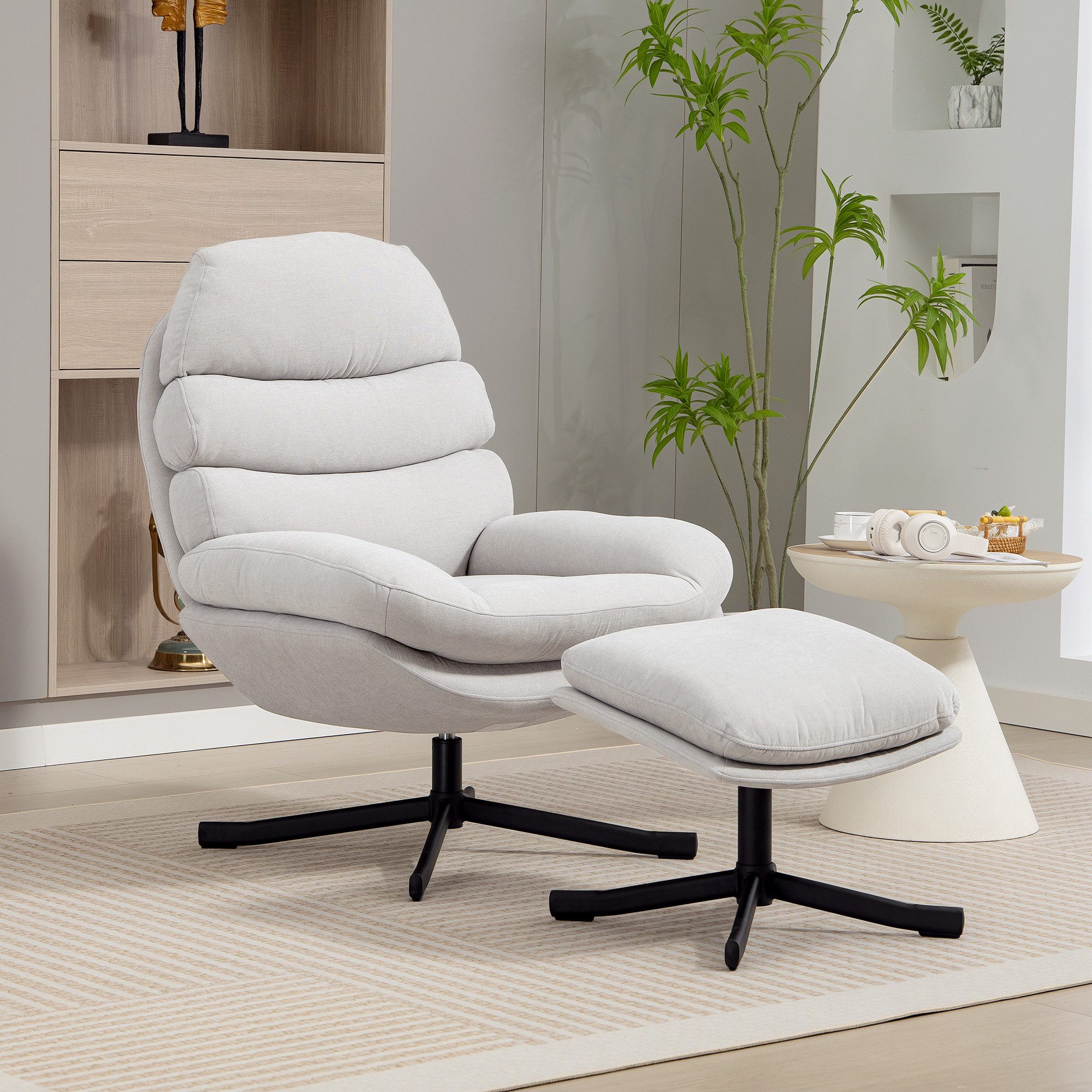HOMCOM Relaxsessel mit Chenille-Stoff (Modern Fernsehsessel, 2-St., Loungesessel mit Hocker), für Wohnzimmer, Schlafzimmer, Cremeweiß