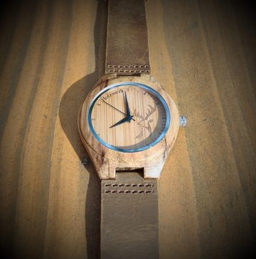 Holzwerk Quarzuhr HIRSCHBERG Damen & Herren Leder & Holz Uhr mit Hirsch Logo, braun